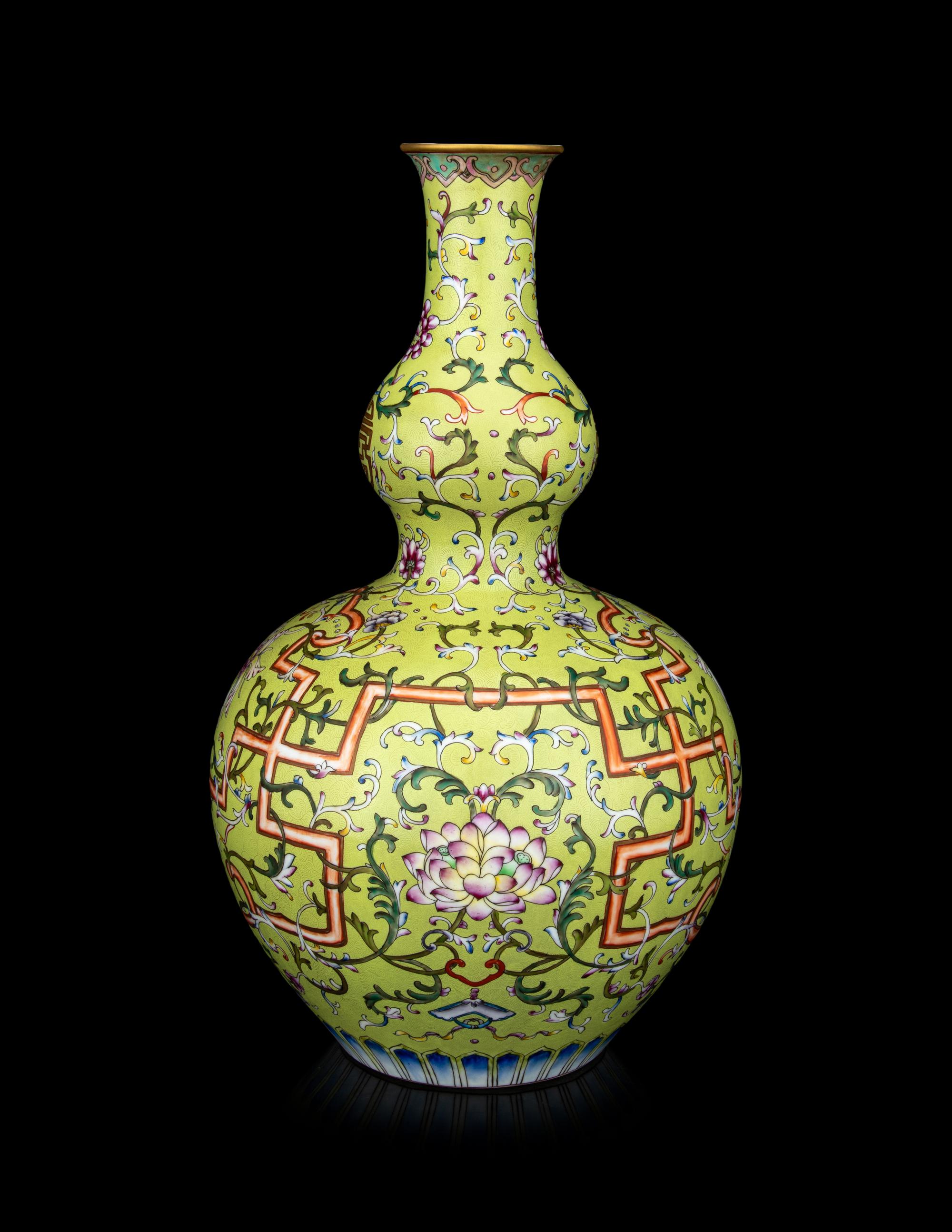 A Chinese Lime Ground Famille Rose Porcelain Double Gourd Vase