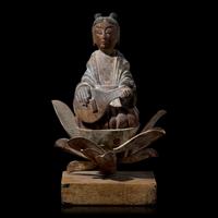 A Japanese Horyu-Ji Style Carved and Painted Wood Figure of a Celestial Musician, 19th Century or Earlier