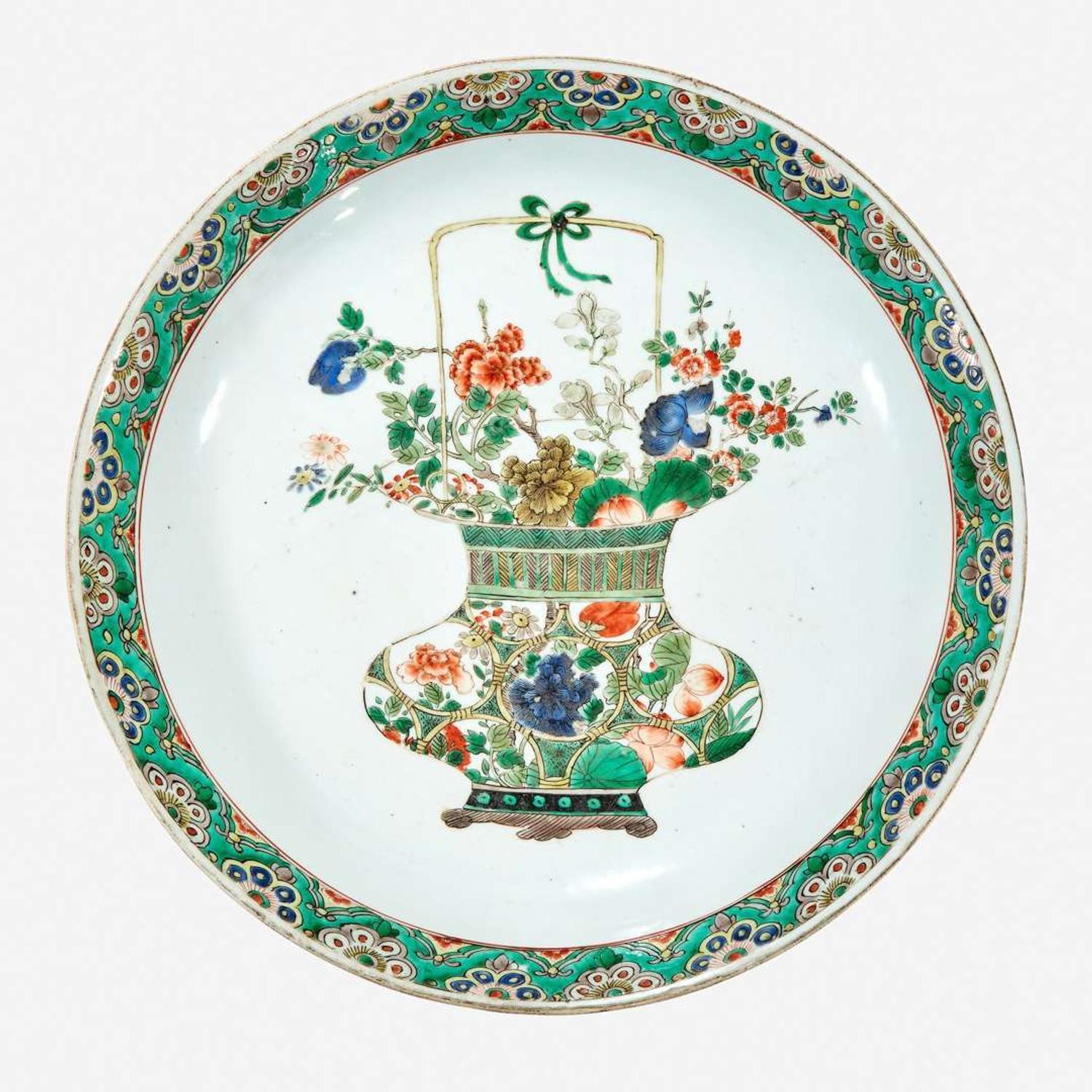 A Chinese famille verte-decorated porcelain "Flower Basket" charger Kangxi period