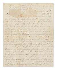 [LINCOLN ASSASSINATION]. A piece of Abraham Lincoln's shirt worn on the night of his assassination at Ford's Theatre, 14 April 1865; with an autograph letter from War Department employee Mose Sandford with a detailed description of the assassination and its aftermath, 17 April 1865.
