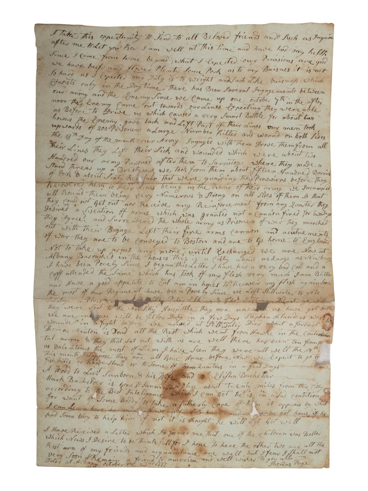 [REVOLUTIONARY WAR]. Letter from a soldier in the 2nd New Hampshire Militia Regiment describing the Battle of Saratoga and the British surrender. Albany, [NY], 23 October 1777.