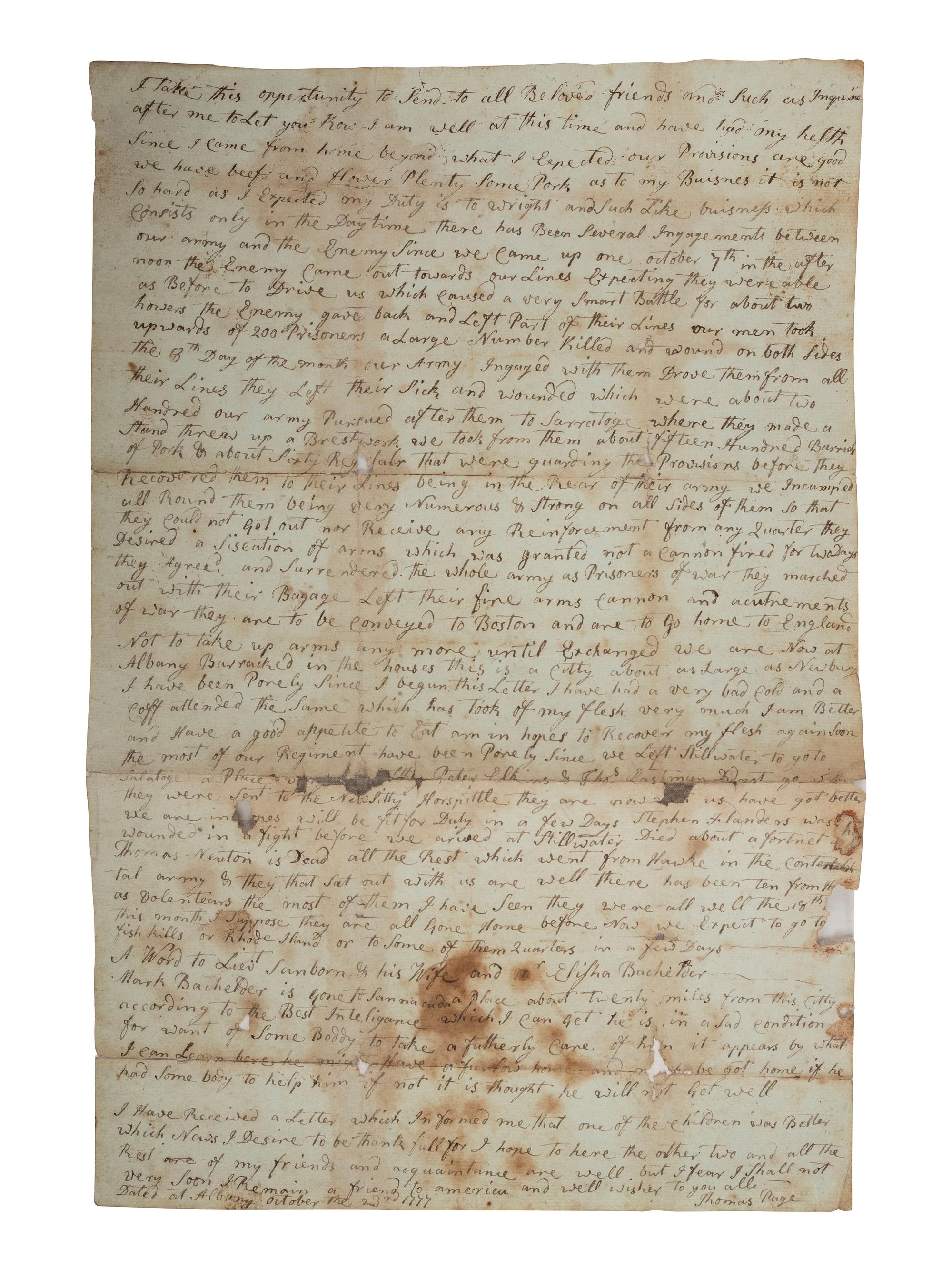 [REVOLUTIONARY WAR]. Letter from a soldier in the 2nd New Hampshire Militia Regiment describing the Battle of Saratoga and the British surrender. Albany, [NY], 23 October 1777.