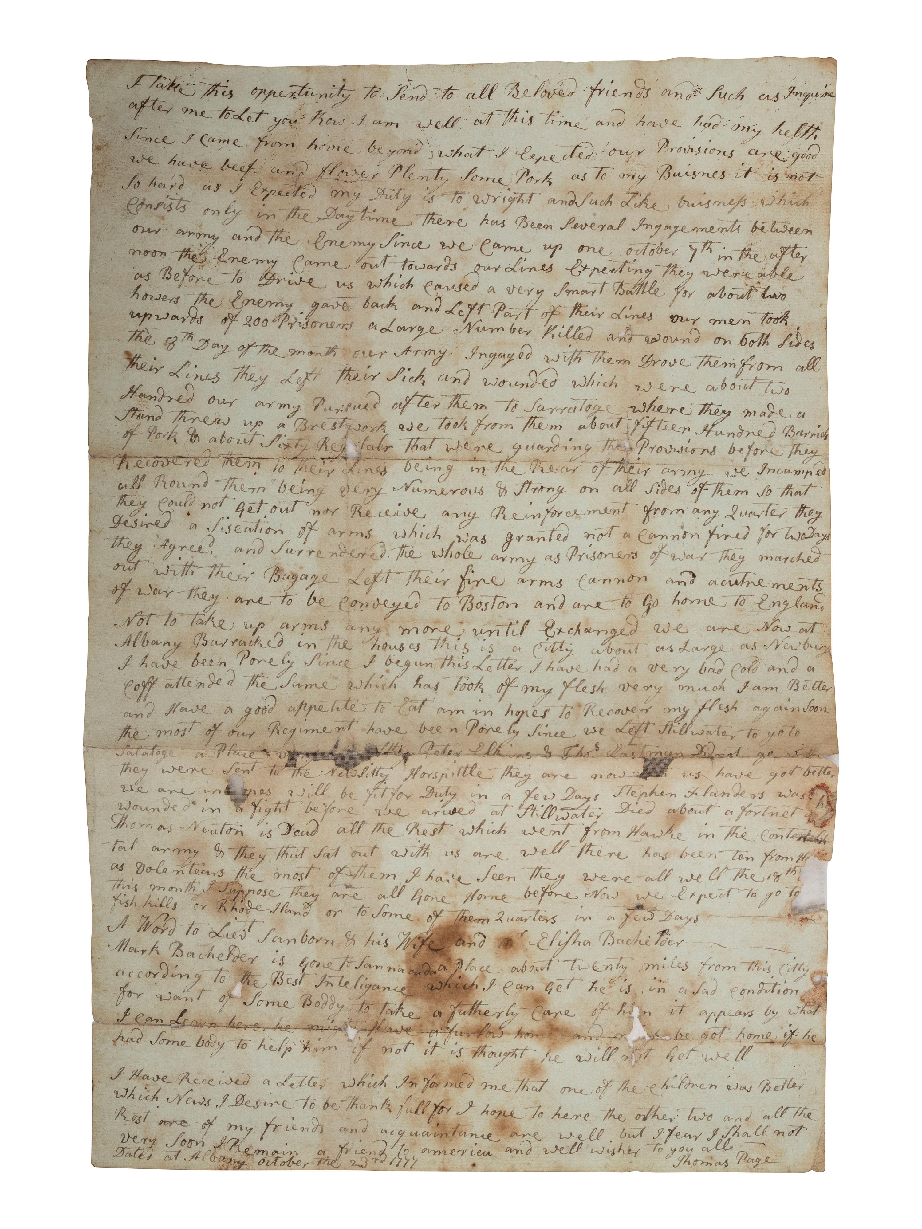 [REVOLUTIONARY WAR]. Letter from a soldier in the 2nd New Hampshire Militia Regiment describing the Battle of Saratoga and the British surrender. Albany, [NY], 23 October 1777.