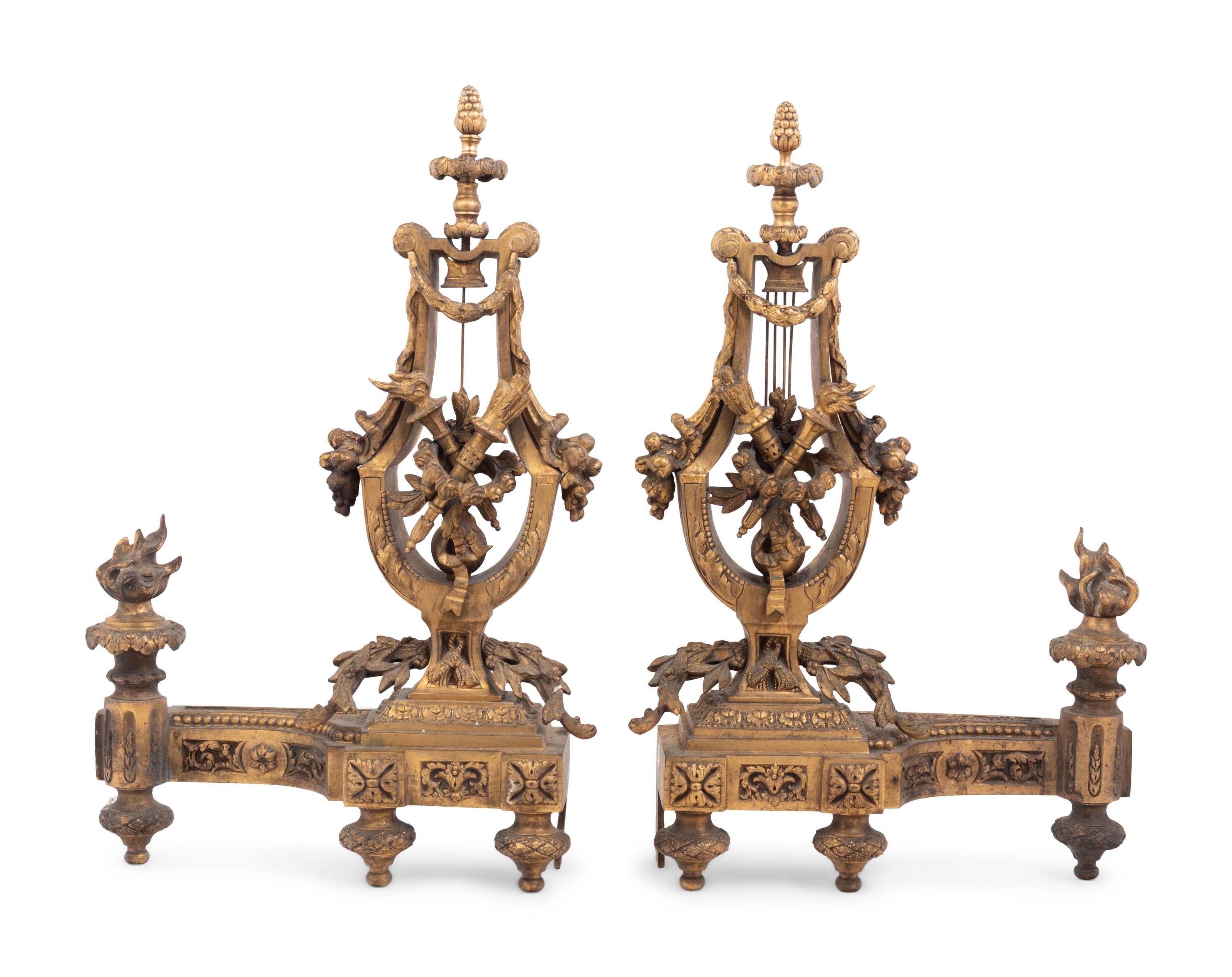 A Pair of Louis XVI Style Gilt Metal Chenets