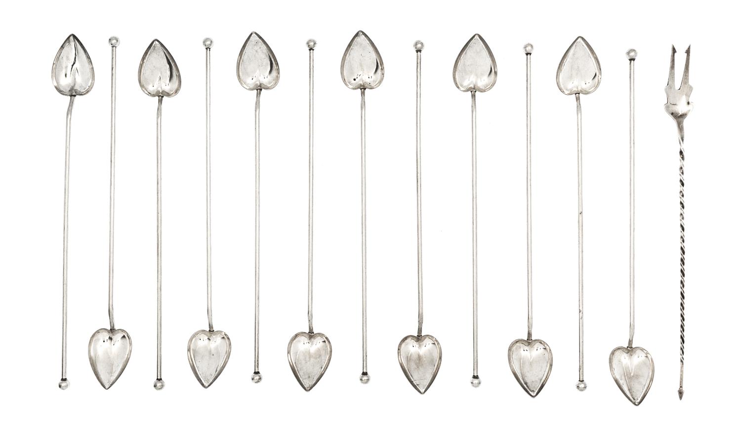 A Set of Twelve American Silver Cocktail Stirs, , having a heart form bowl and knopped end, together with a silver pickle fork