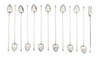 A Set of Twelve American Silver Cocktail Stirs, , having a heart form bowl and knopped end, together with a silver pickle fork