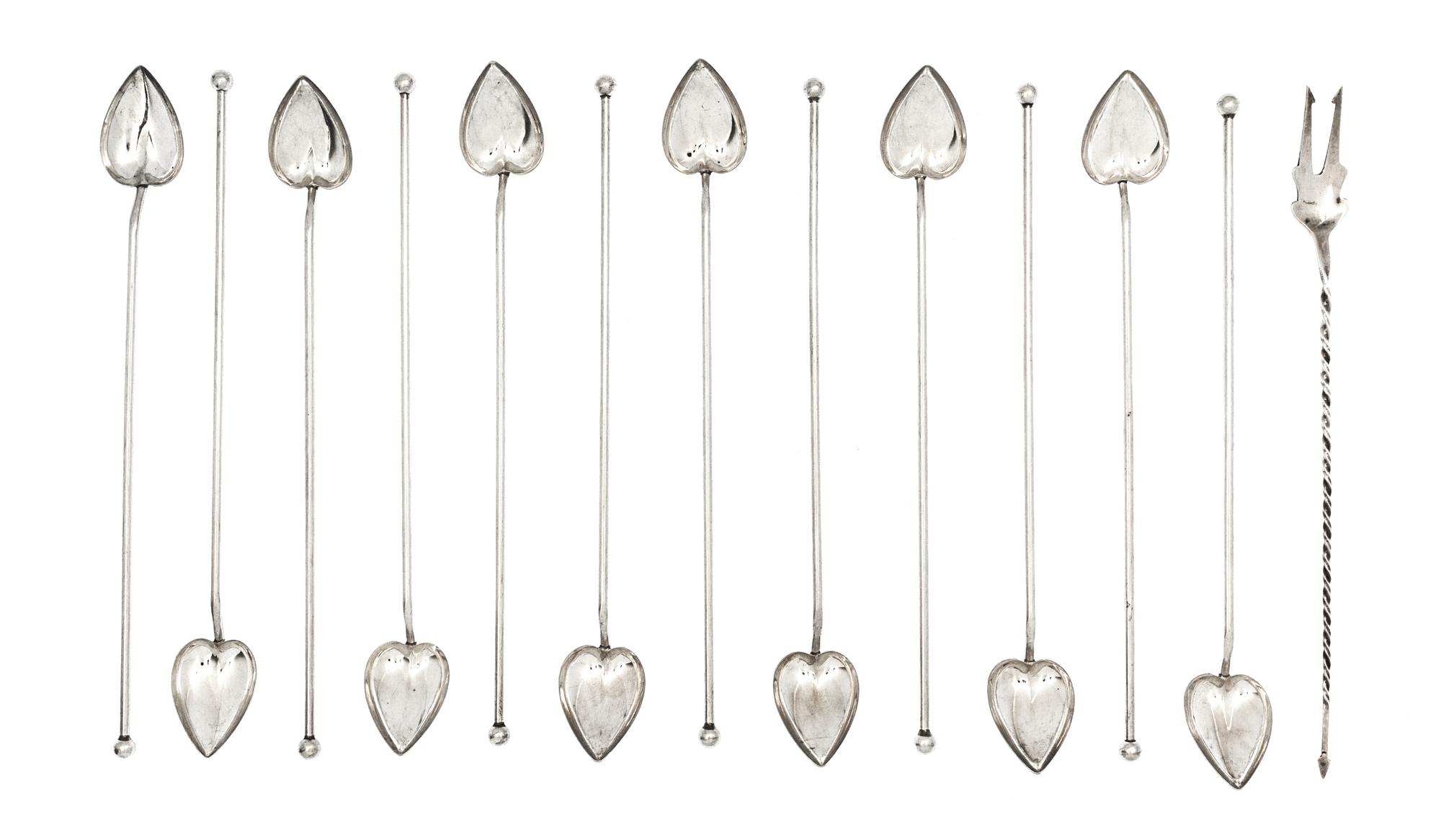 A Set of Twelve American Silver Cocktail Stirs, , having a heart form bowl and knopped end, together with a silver pickle fork