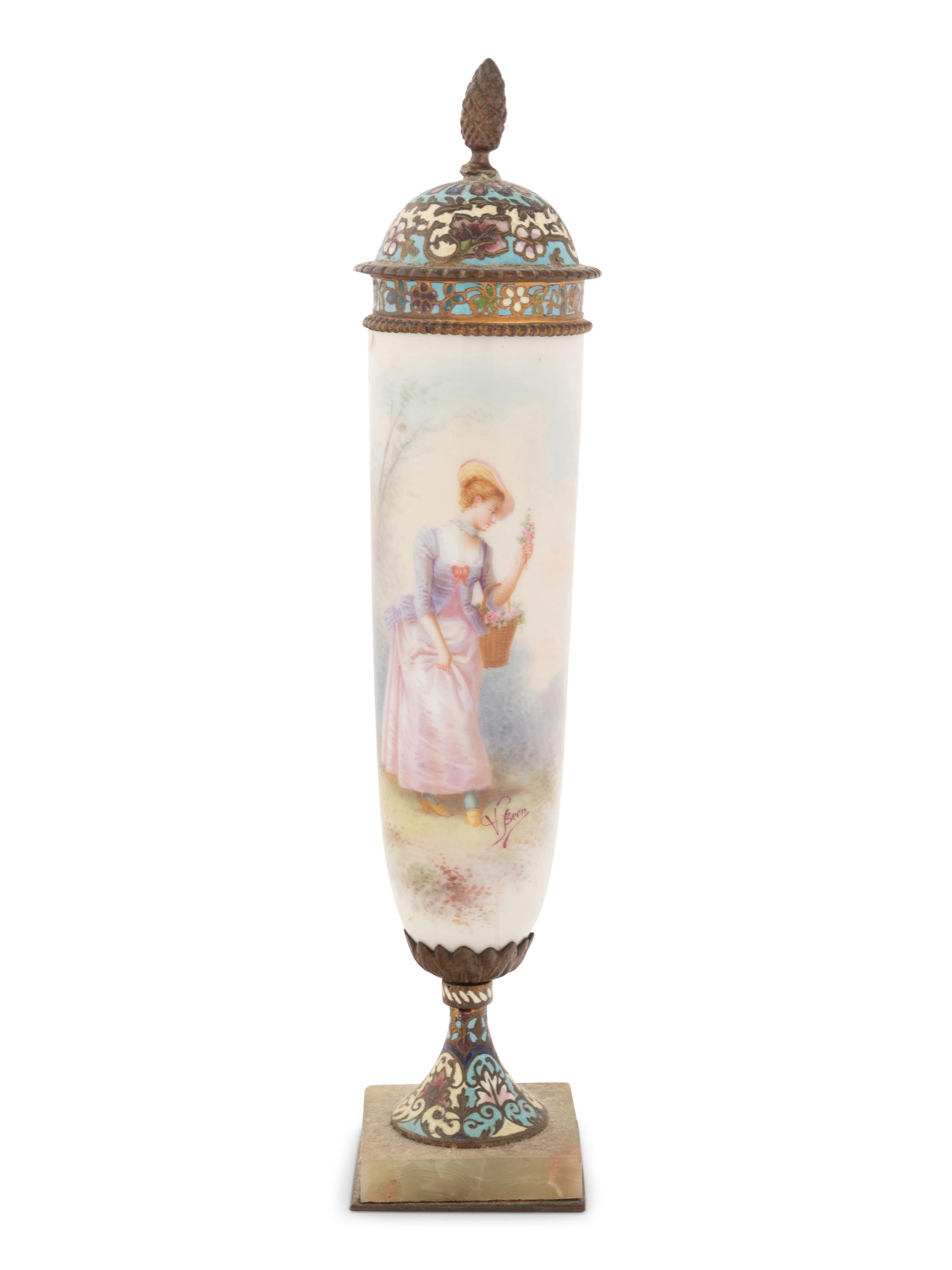 A Sèvres Style Porcelain and Champlevé Vase