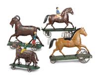 Four Pressed and Painted Tin Figural Pull Toys