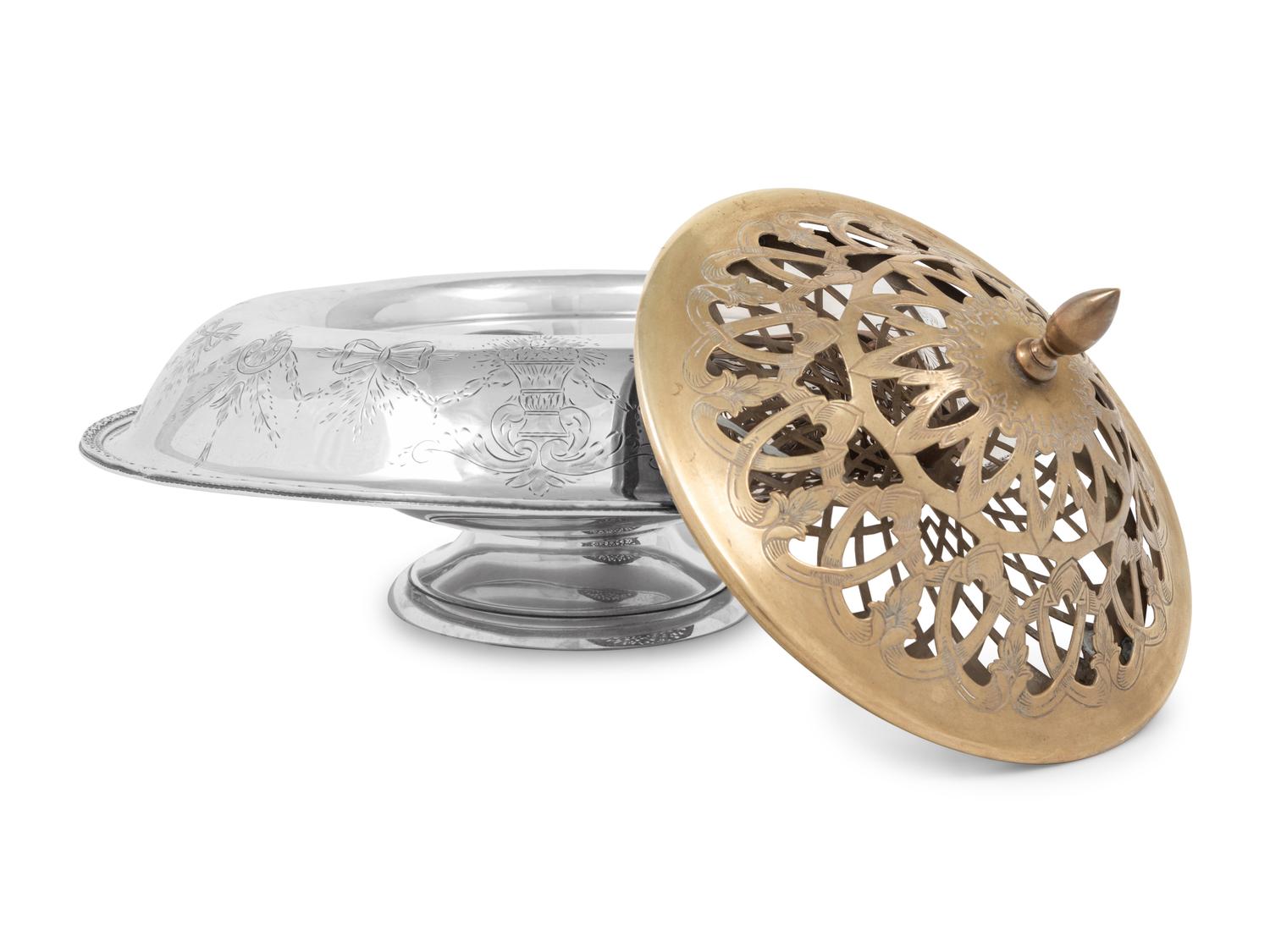 An American Silver Centerpiece Bowl with a Pierced Brass Flower Frog