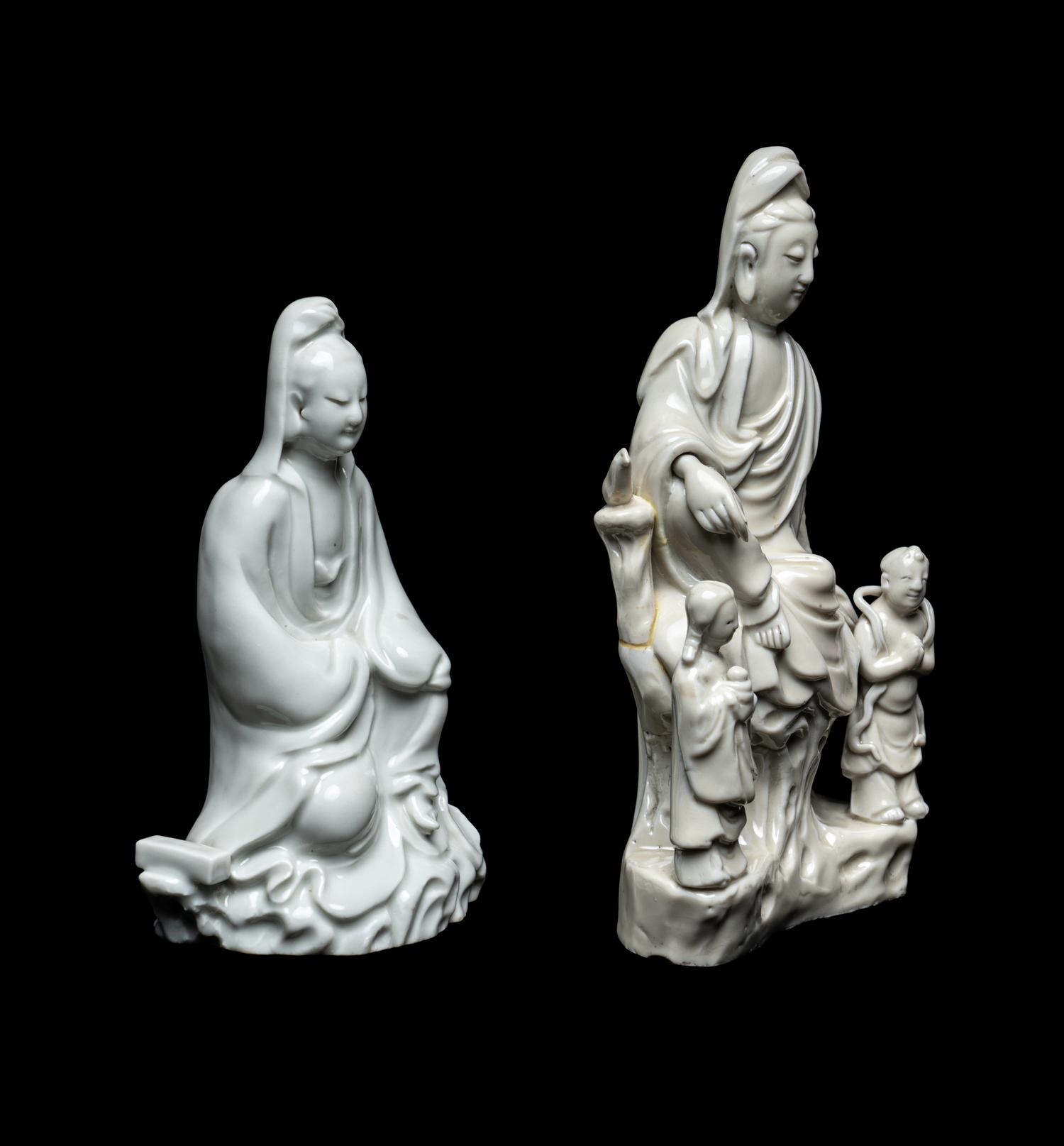 Two Chinese Blanc-de-Chine Porcelain Figural Groups of Guanyin