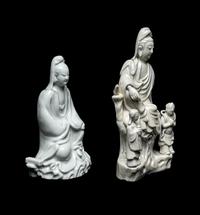 Two Chinese Blanc-de-Chine Porcelain Figural Groups of Guanyin
