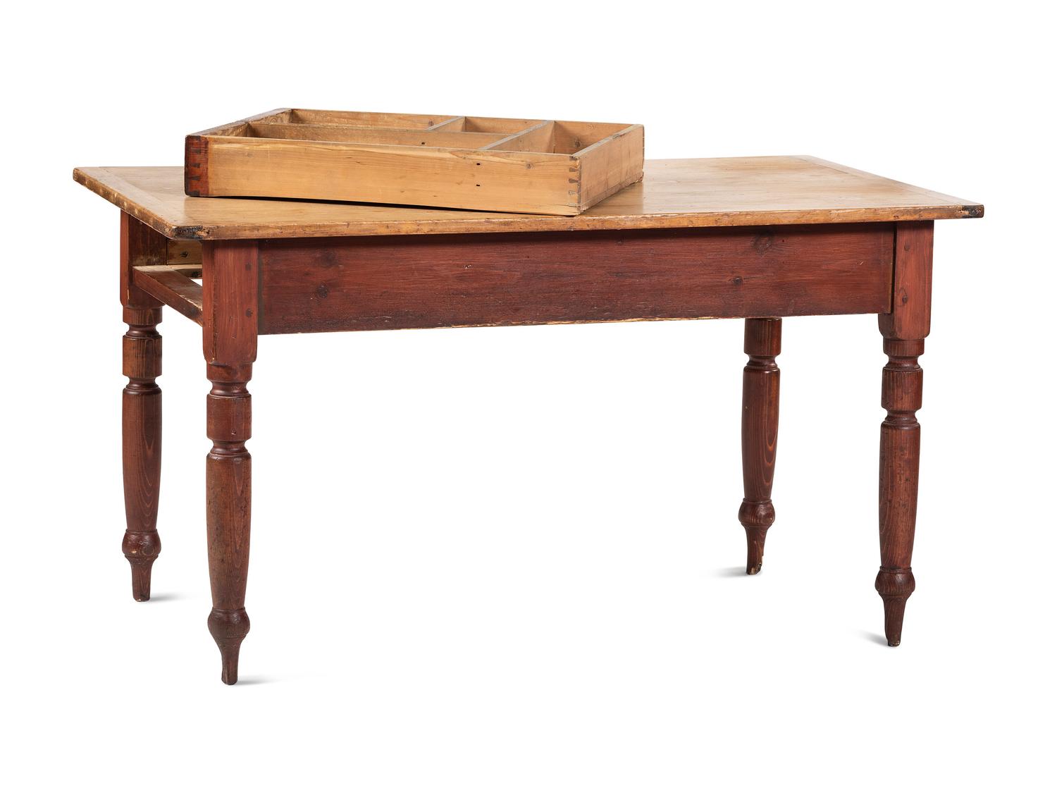A Country Late Federal Red-Stained Pine Scrubbed Top One-Drawer Work Table