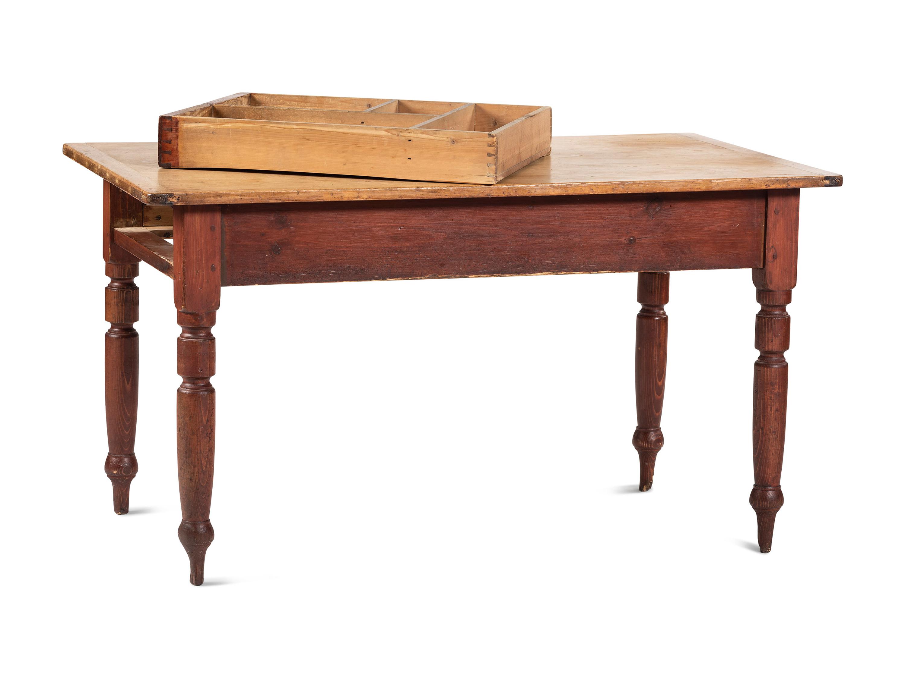 A Country Late Federal Red-Stained Pine Scrubbed Top One-Drawer Work Table