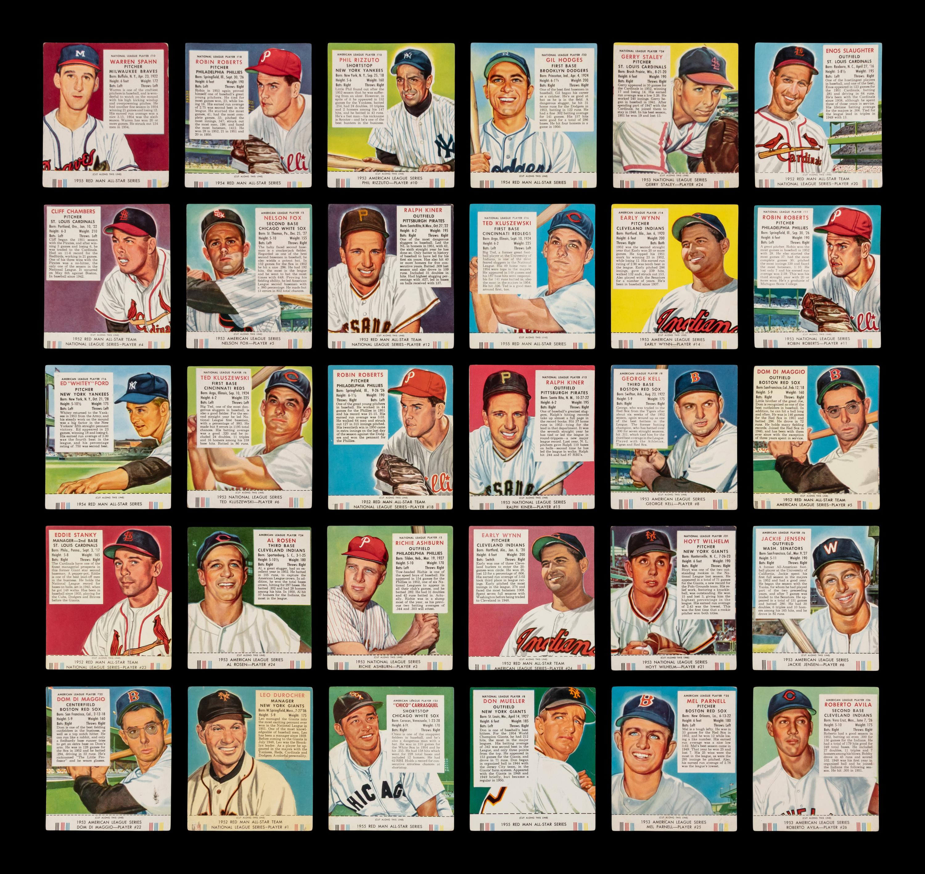 A Collection of 1950s Red Man Tobacco Baseball Cards Including Multiple Hall of Famers - All With Tabs (49)