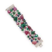 Ruby, Sapphire, Emerald, Diamond, and White Gold Bracelet