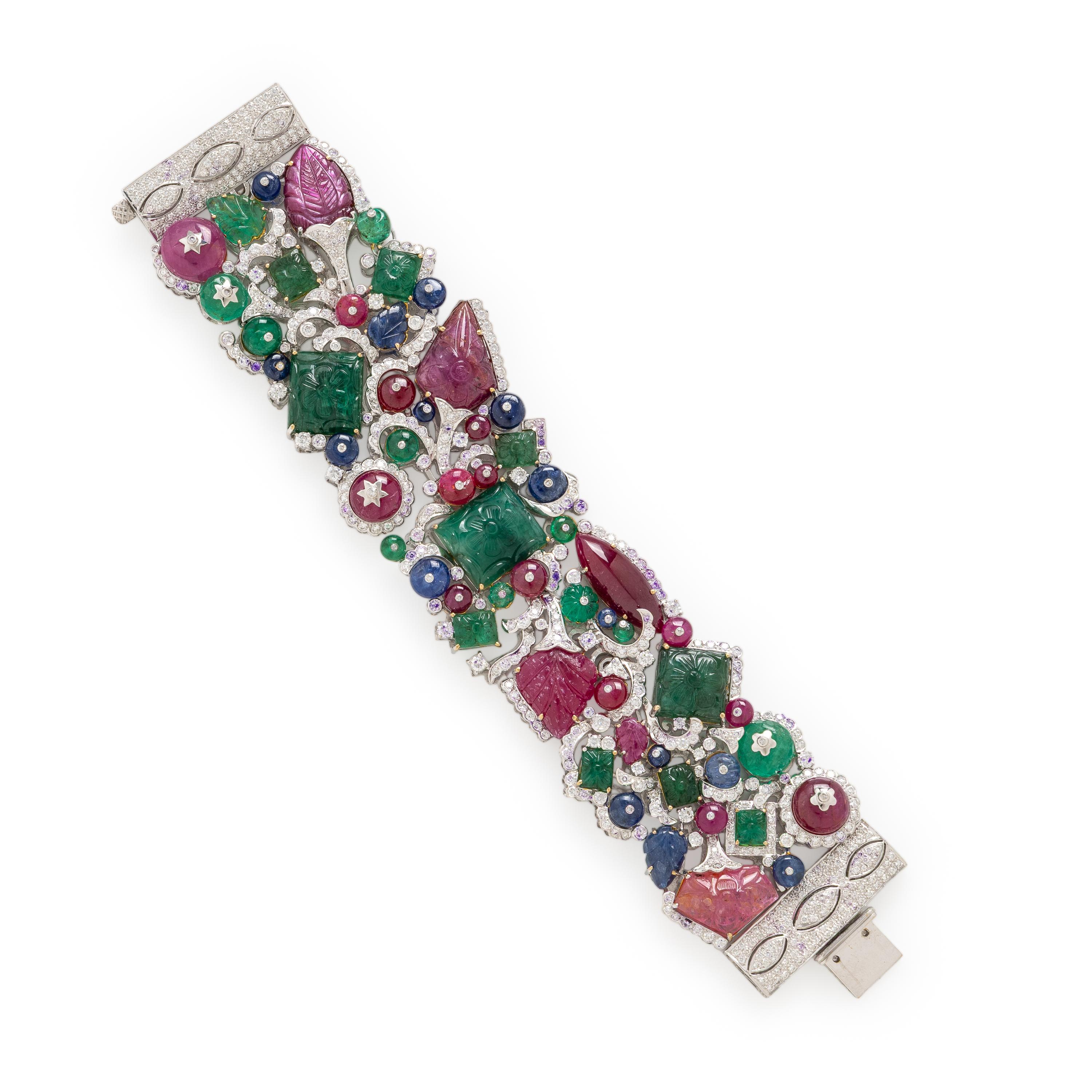 Ruby, Sapphire, Emerald, Diamond, and White Gold Bracelet