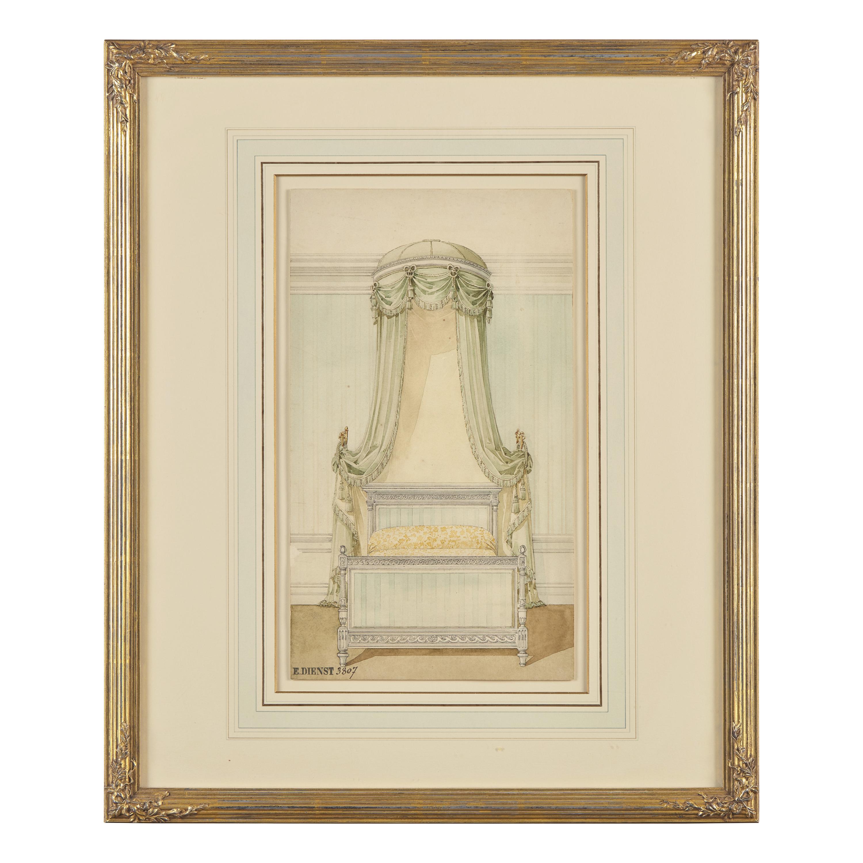 Attributed to Eugène Dienst (French, 19th Century), A Group of Six Hand-Drawn and Painted Studies of French Interiors