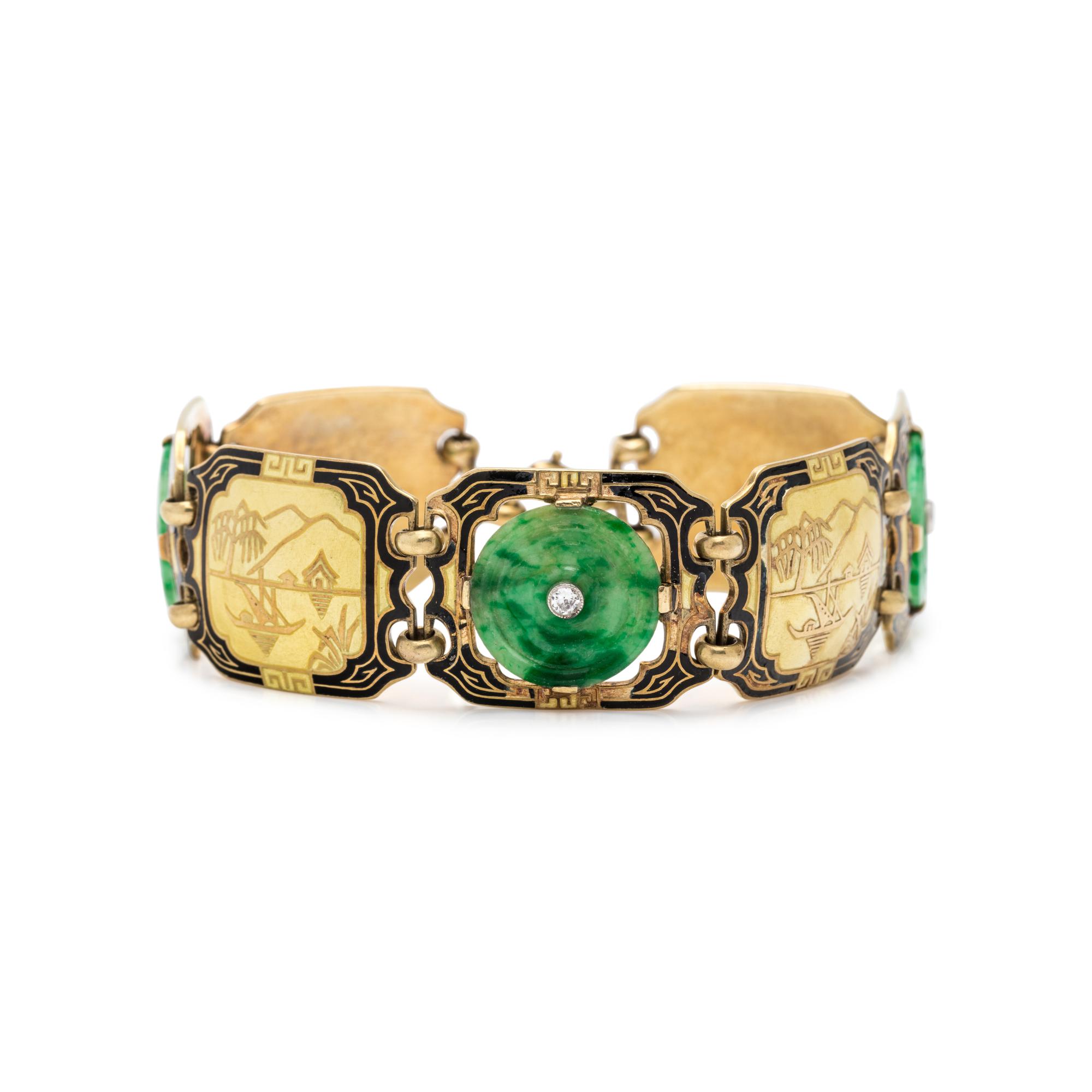 YELLOW GOLD, ENAMEL, JADE AND DIAMOND BRACELET