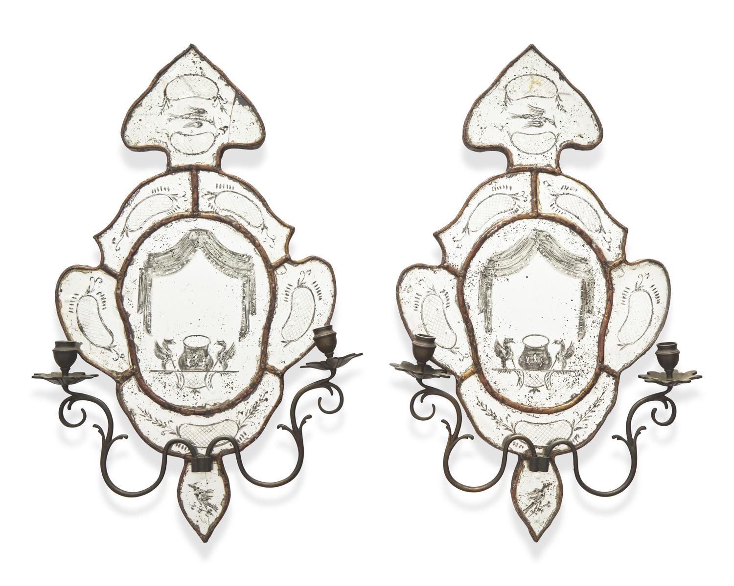 A pair of Venetian etched mirror wall sconces, 19th / 20th century
