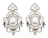 A pair of Venetian etched mirror wall sconces, 19th / 20th century