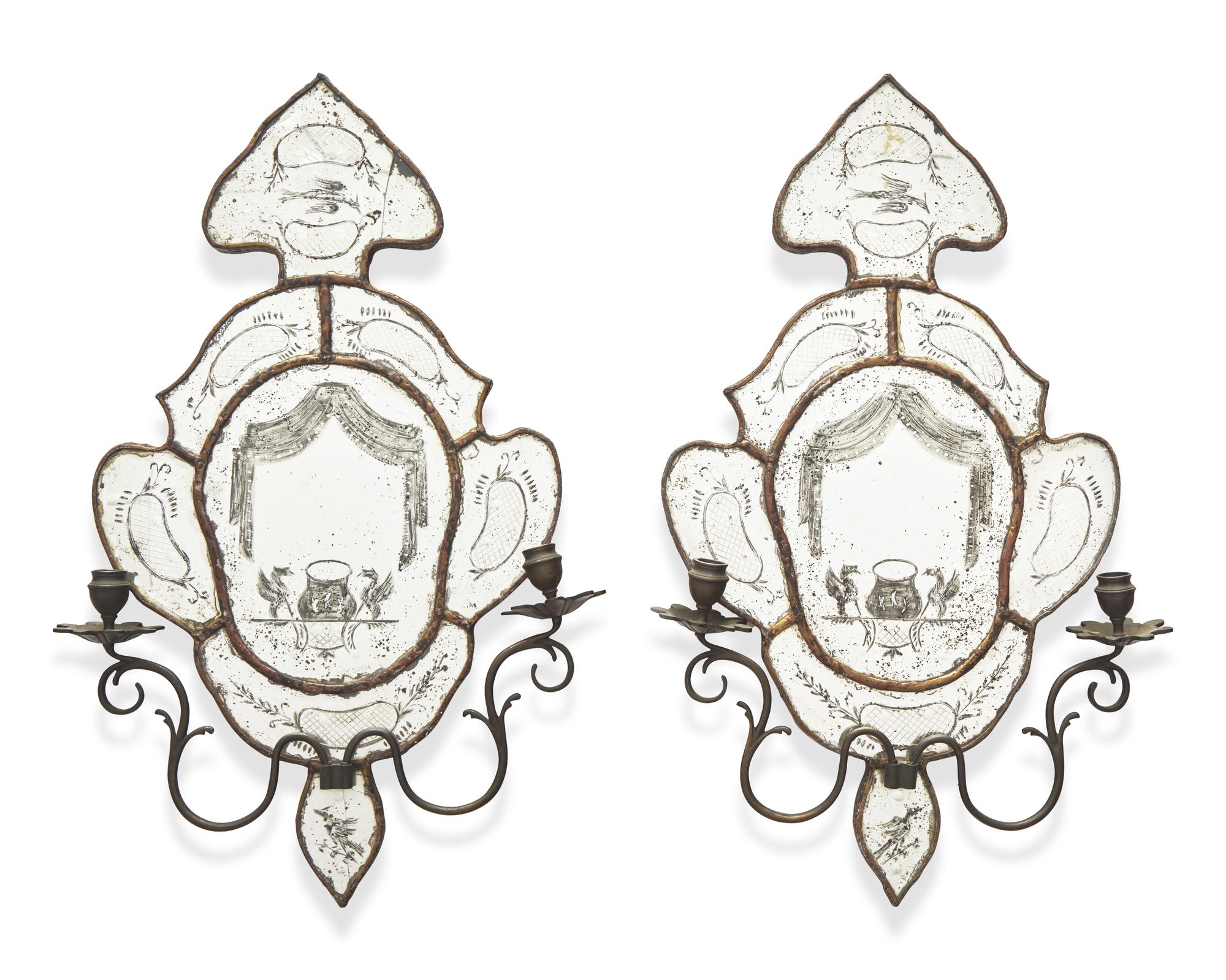 A pair of Venetian etched mirror wall sconces, 19th / 20th century