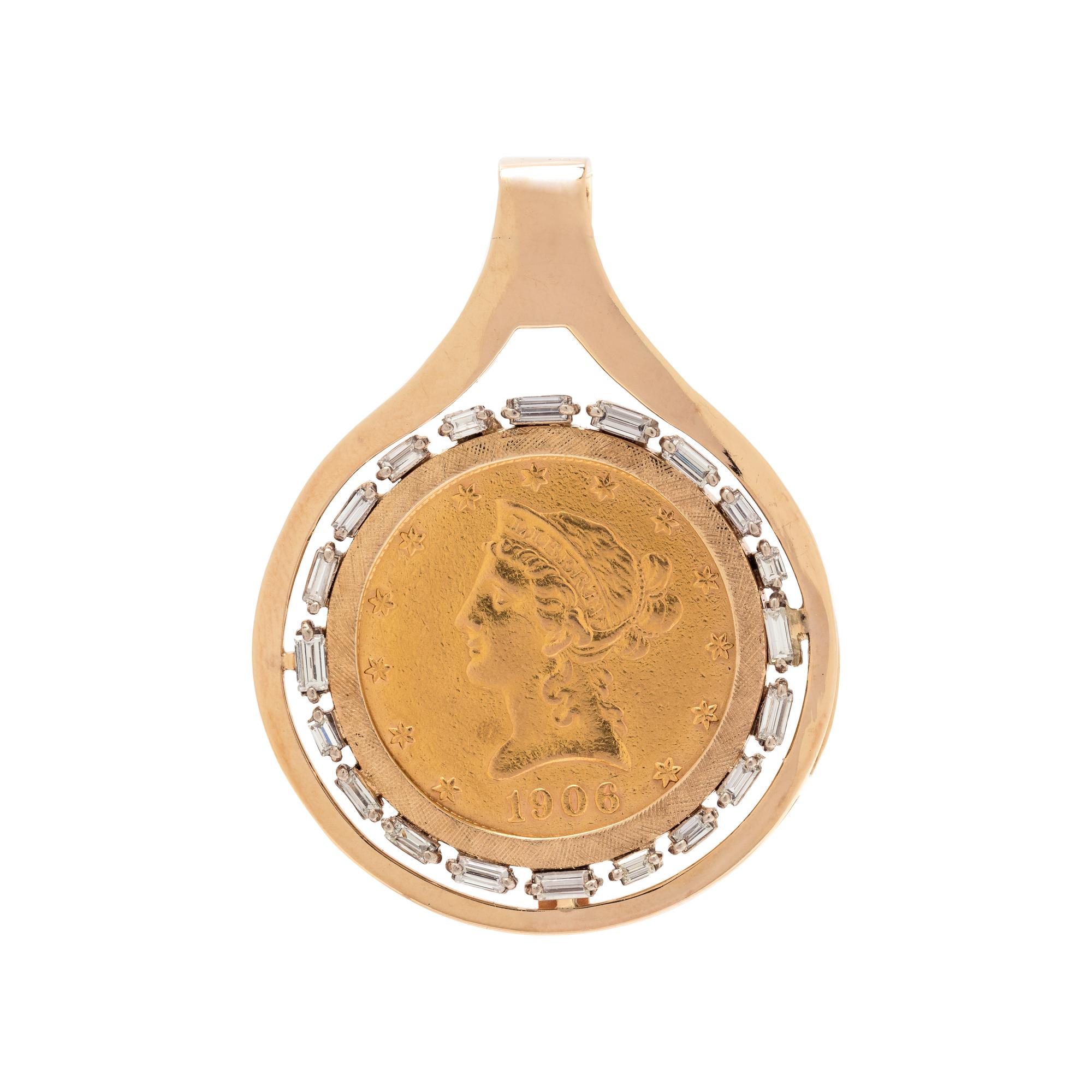 YELLOW GOLD, COIN AND DIAMOND PENDANT