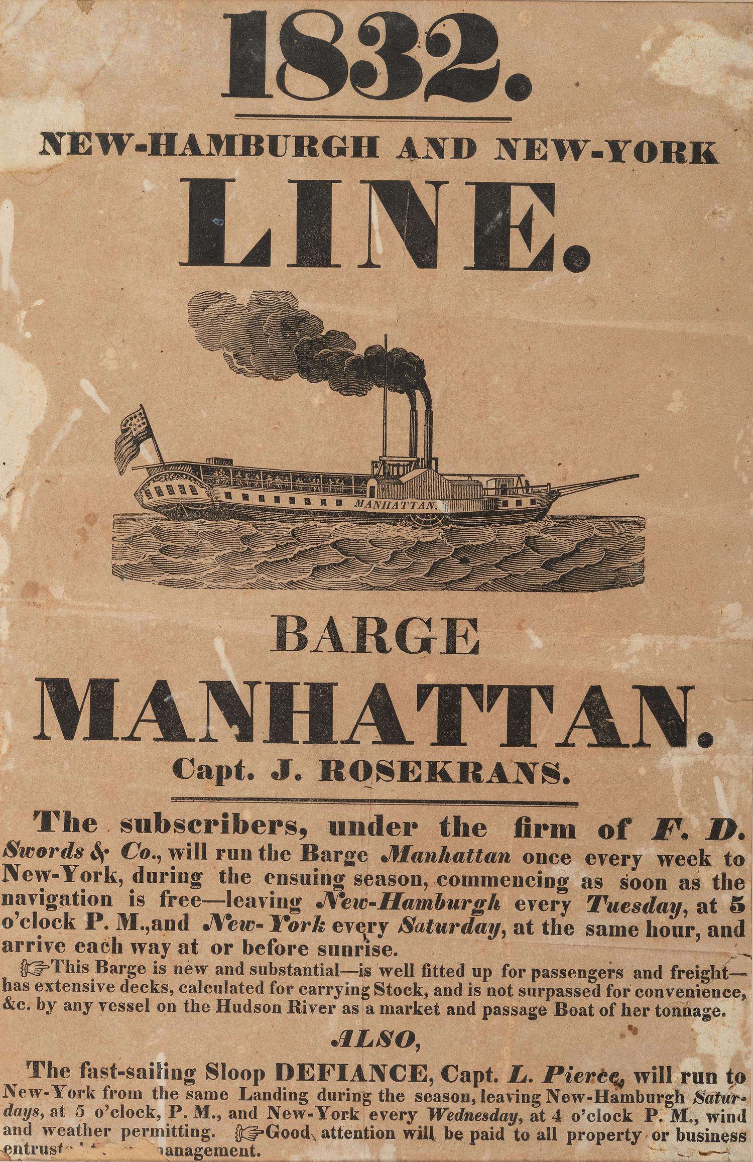 [TRANSPORTATION]. A group of 2 broadsides promoting ships, incl. the Barge Manhattan and the Steamer Melvin .
