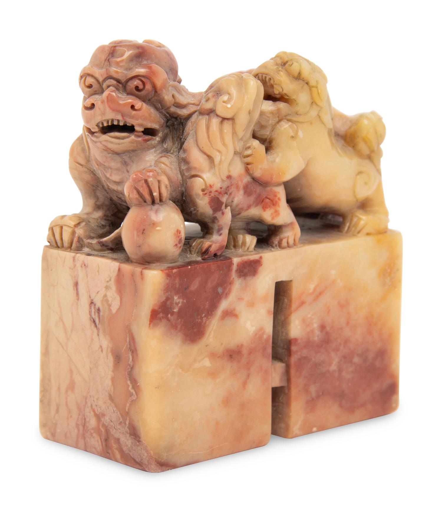 A Chinese Carved Soapstone Double Seal 壽山石雕瑞獸鈕雙聯印