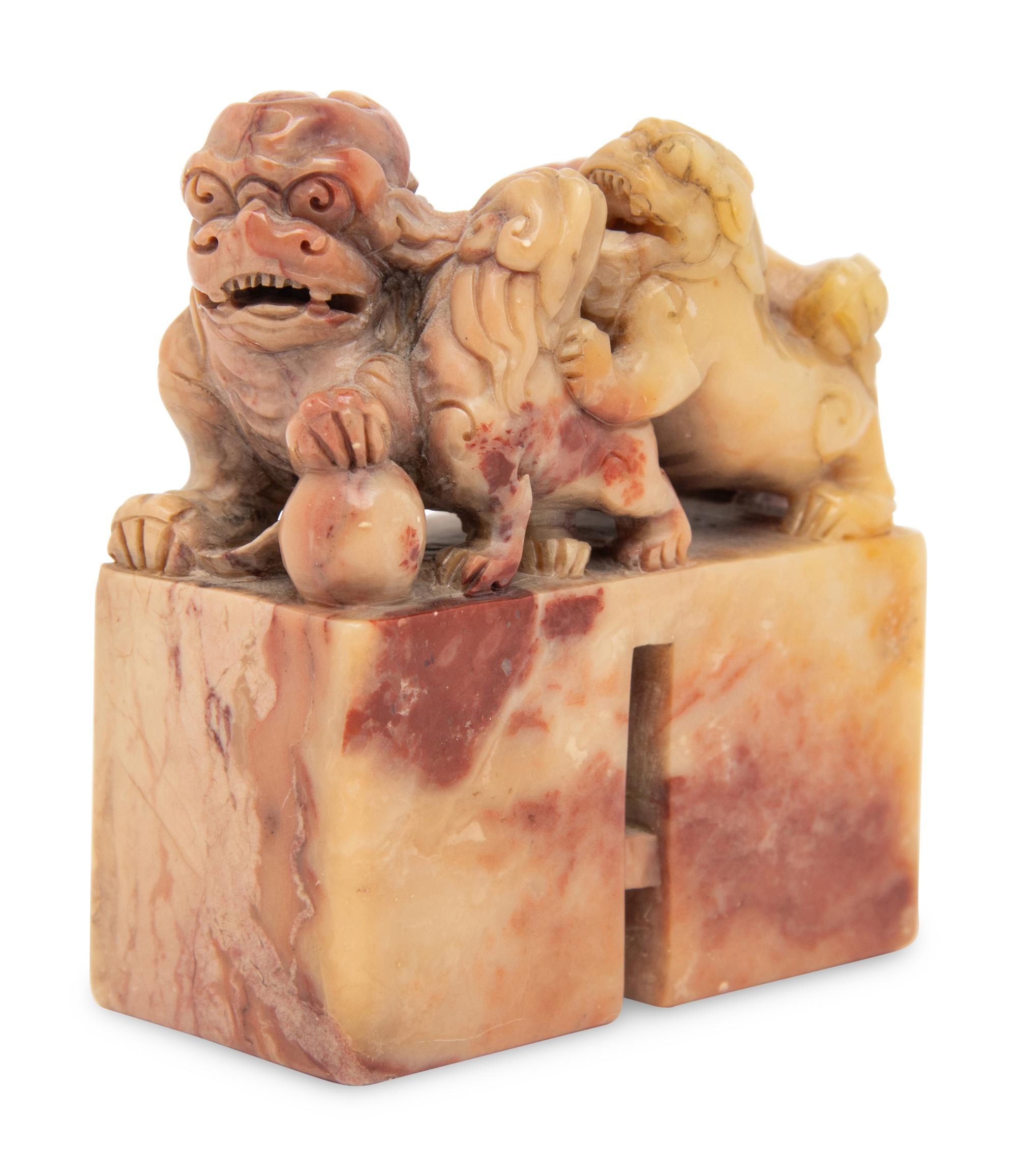 A Chinese Carved Soapstone Double Seal 壽山石雕瑞獸鈕雙聯印