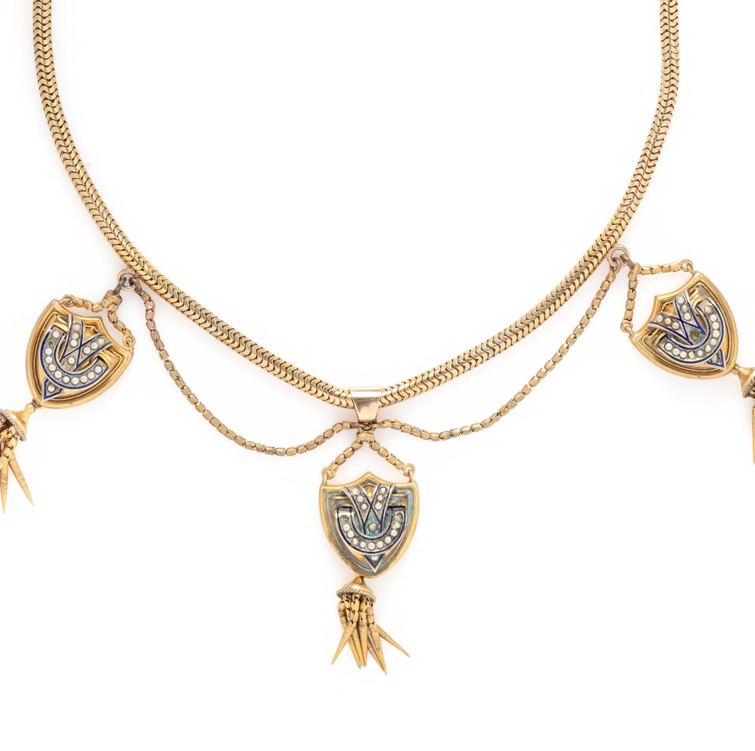 VICTORIAN, SEED PEARL AND ENAMEL FESTOON NECKLACE
