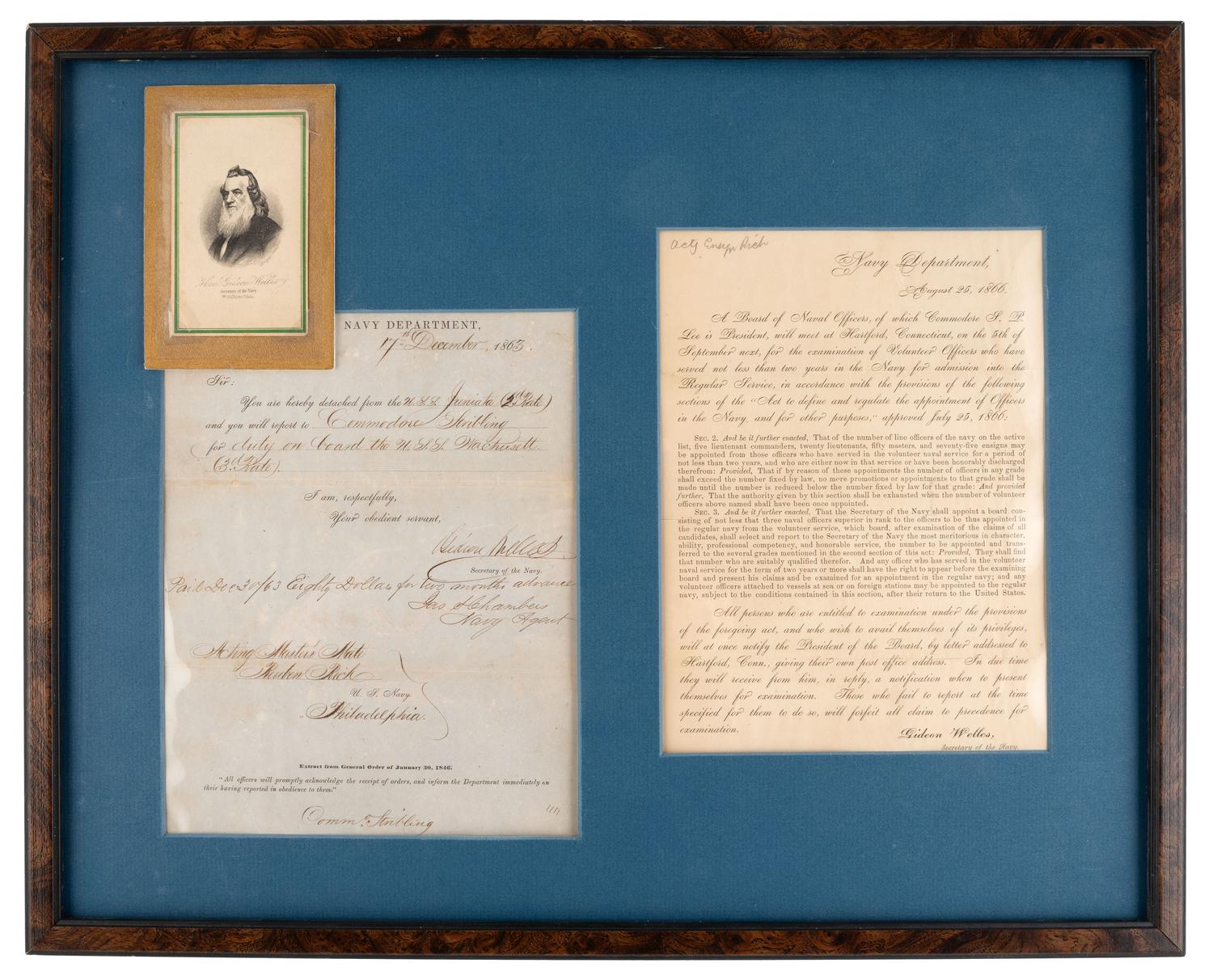 [CIVIL WAR -- NAVY]. WELLES, Gideon (1802-1878). Framed Welles grouping, including: