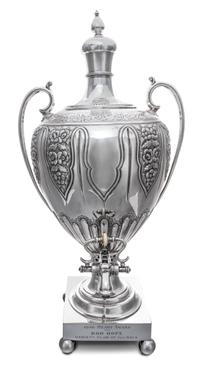 An English Silver-Plate Coffee Urn, , of baluster form with top finial, the base with engraved inscription 1958 Heart Award/ to BOB HOP