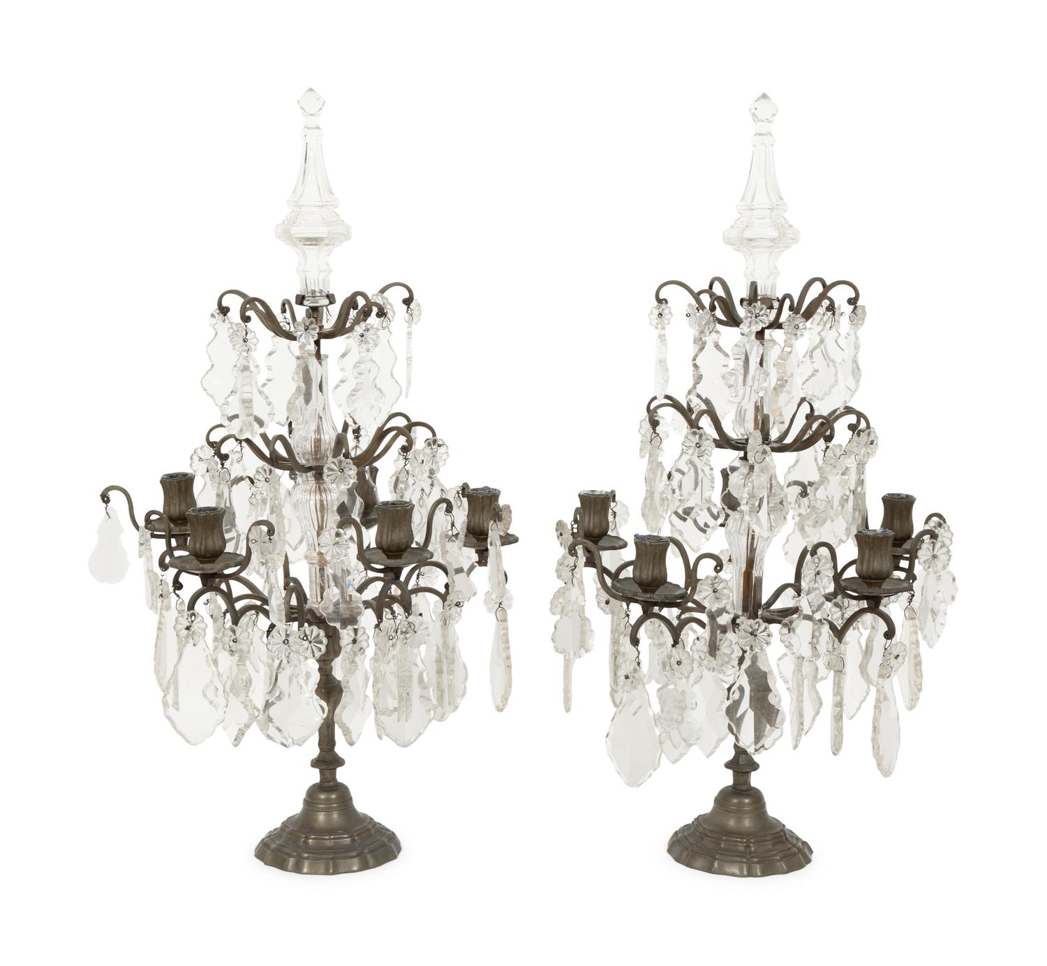A Pair of French Bronze and Glass Five-Light Girandoles