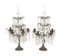 A Pair of French Bronze and Glass Five-Light Girandoles
