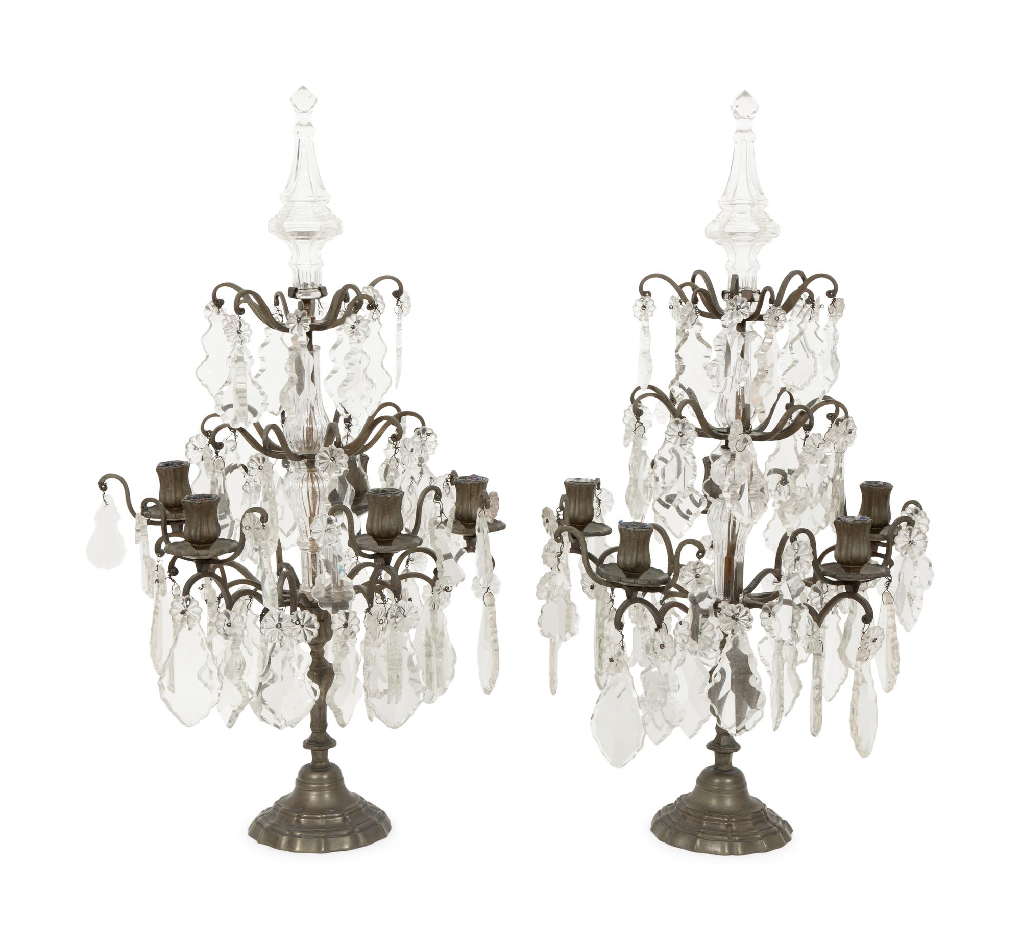 A Pair of French Bronze and Glass Five-Light Girandoles
