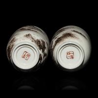 A Pair of Small Chinese Grisaille Decorated 'Landscape' Porcelain Vases, Early-Mid 20th Century — 近代 墨彩山水圖燈籠瓶一對 帶木座