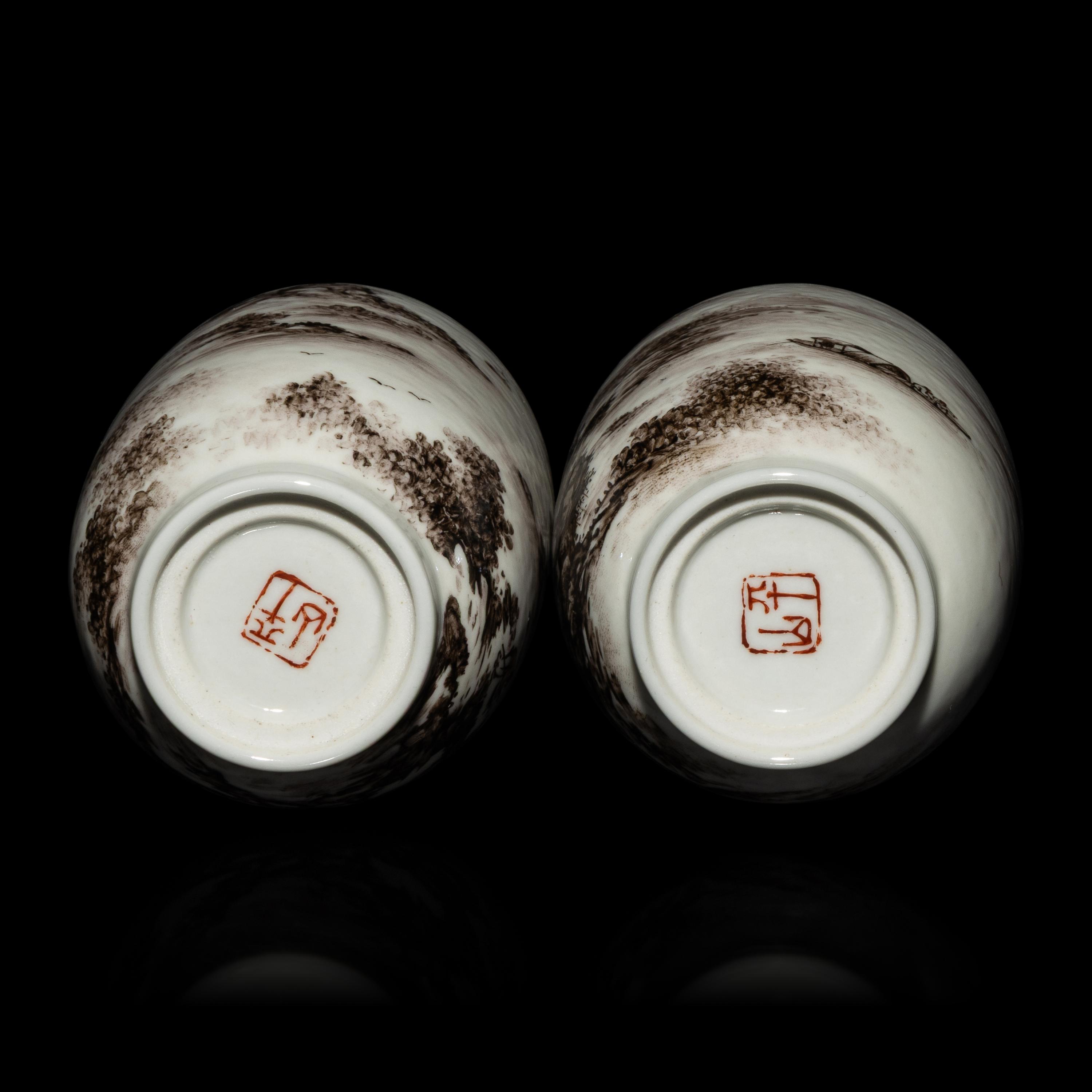 A Pair of Small Chinese Grisaille Decorated 'Landscape' Porcelain Vases, Early-Mid 20th Century — 近代 墨彩山水圖燈籠瓶一對 帶木座