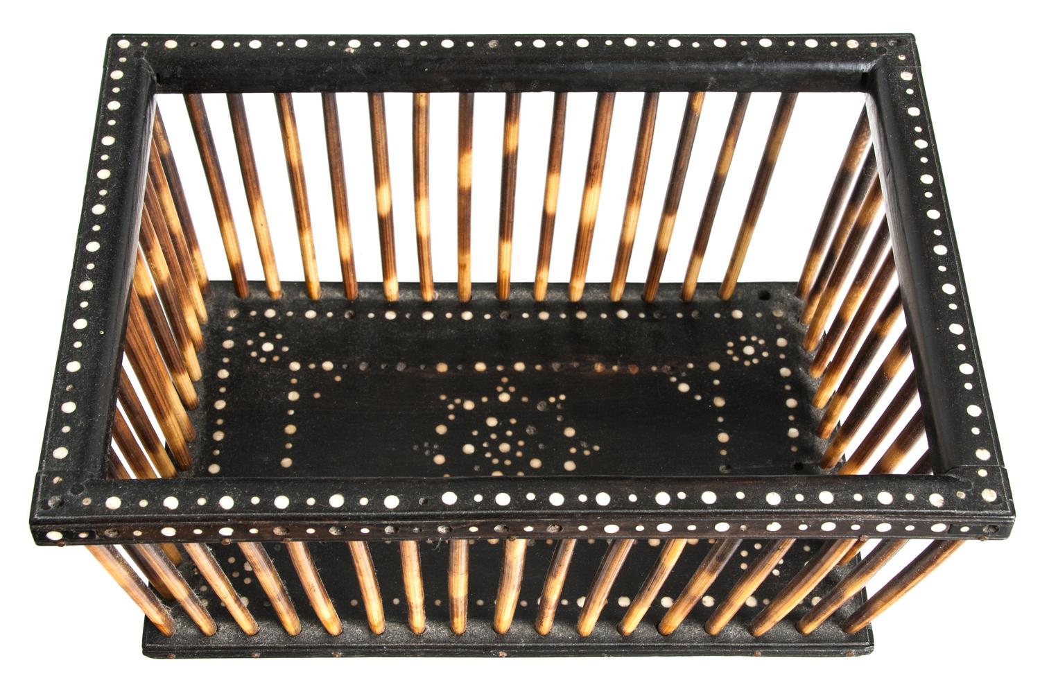 An Anglo-Indian Ebony, Quillwork and Specimen Wooden Basket Height 4 1/4 x width 7 1/2 x depth 10 1/2 inches. — 19TH/20TH CENTURY