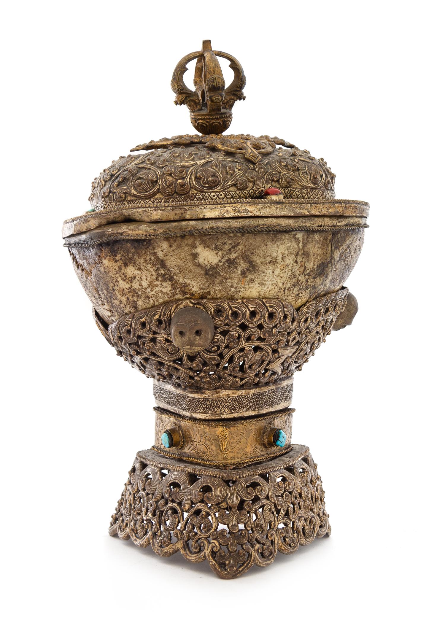 A Tibetan Silvered Metal Mounted Hardstone Embellished Kapala Cup and Cover Height 11 1/2 inches. — 19TH CENTURY