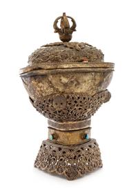 A Tibetan Silvered Metal Mounted Hardstone Embellished Kapala Cup and Cover Height 11 1/2 inches. — 19TH CENTURY