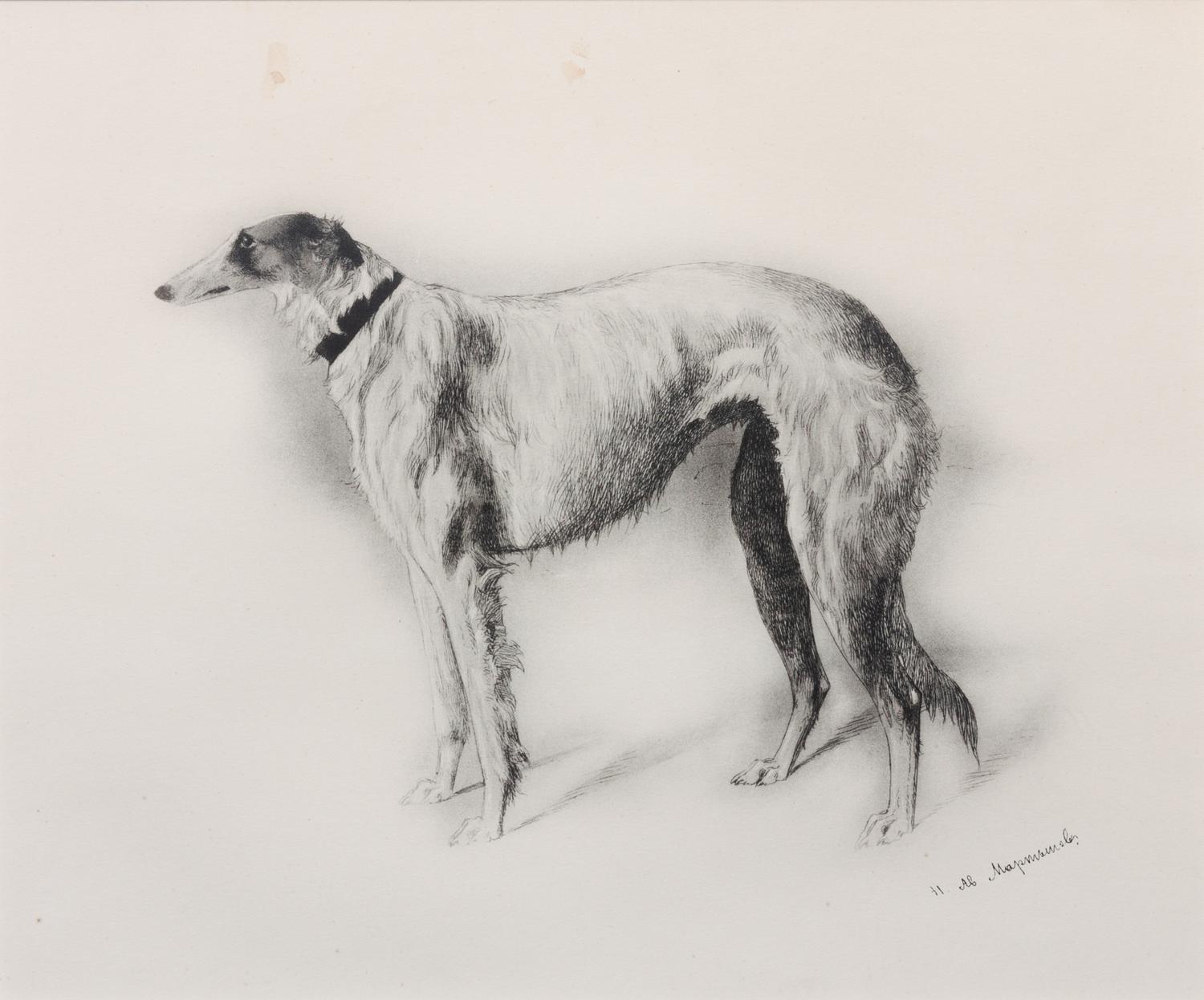 After N.A. Martynow, (Russian, circa 1874-79), Four lithographs after the original etchings,Portraits of Borzois, published circa 1938.