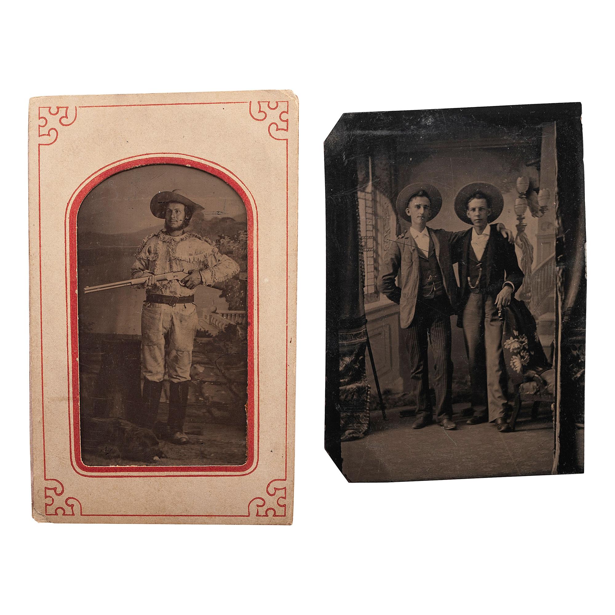 [WESTERN AMERICANA]. A group of 2 tintypes of western subjects, incl. man with 1866 rifle.