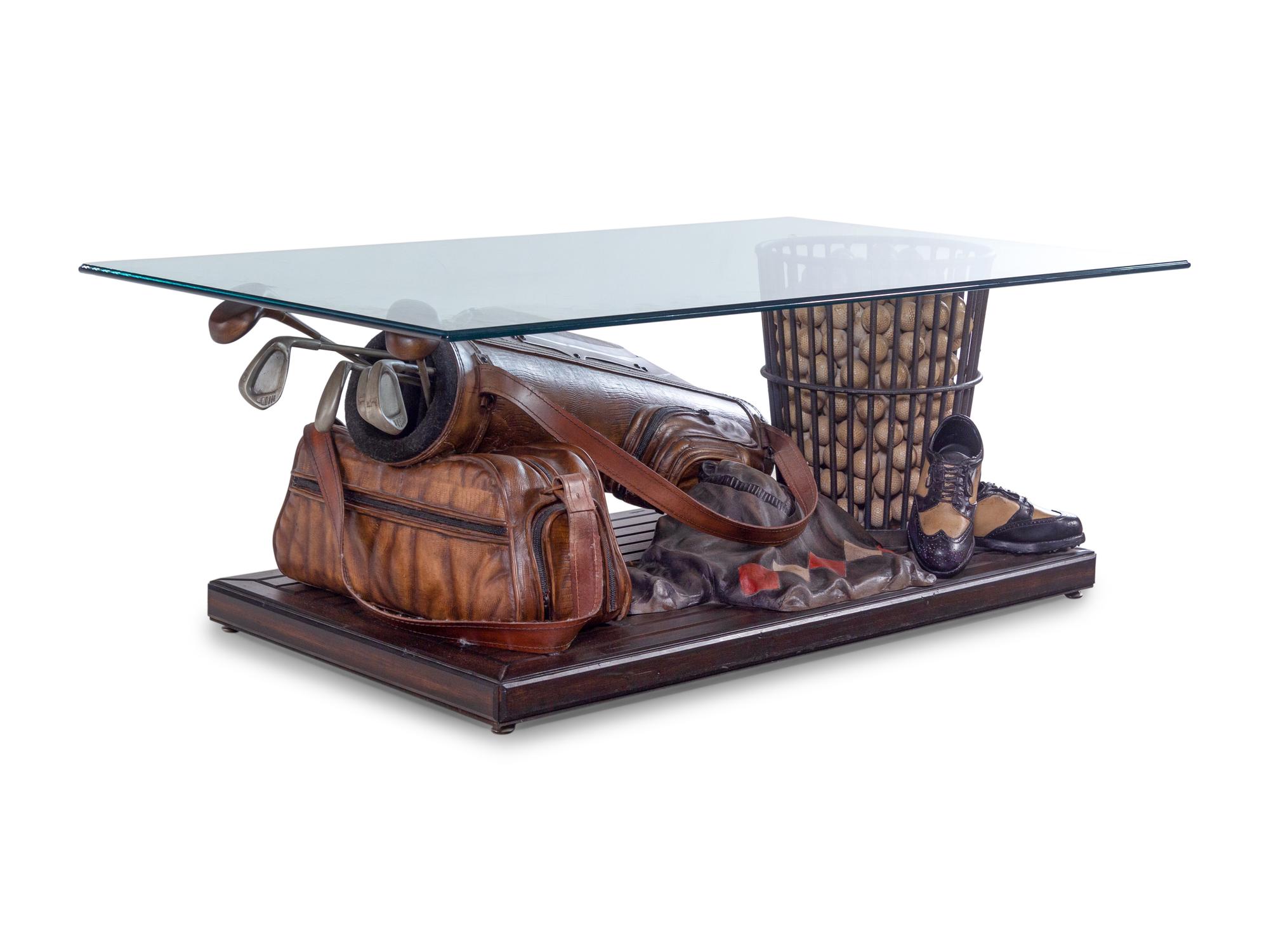A Whimsical Golf-Themed Painted Resin, Metal and Leather Cocktail Table