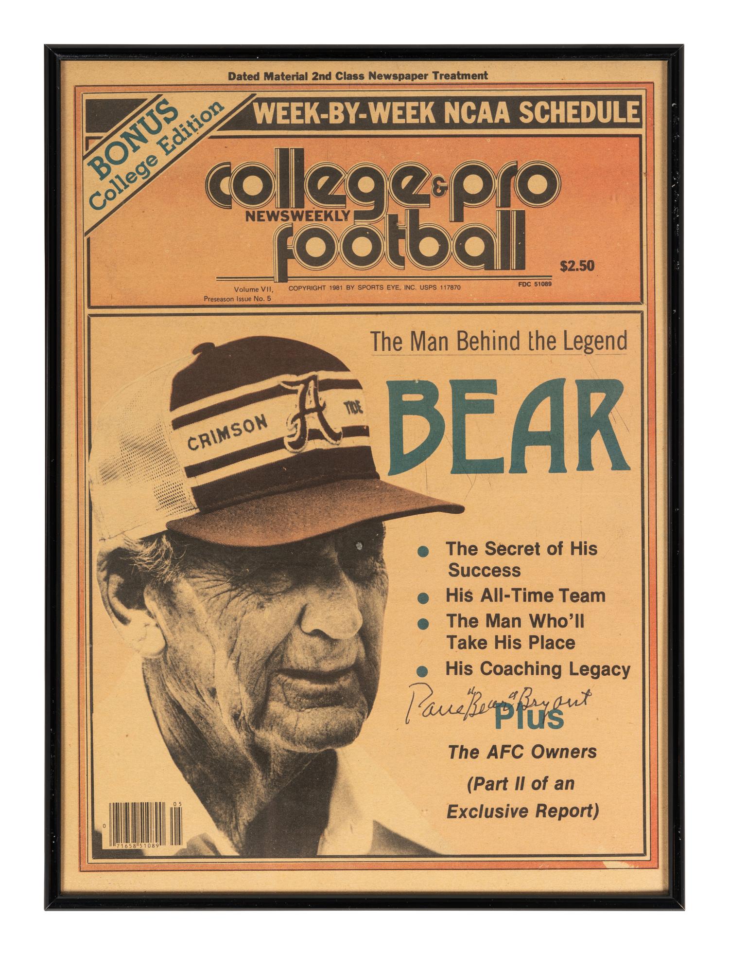 A Group of University of Alabama Football Signed Autographs Including Paul Bear Bryant (Beckett Authentication Services BAS Certified),