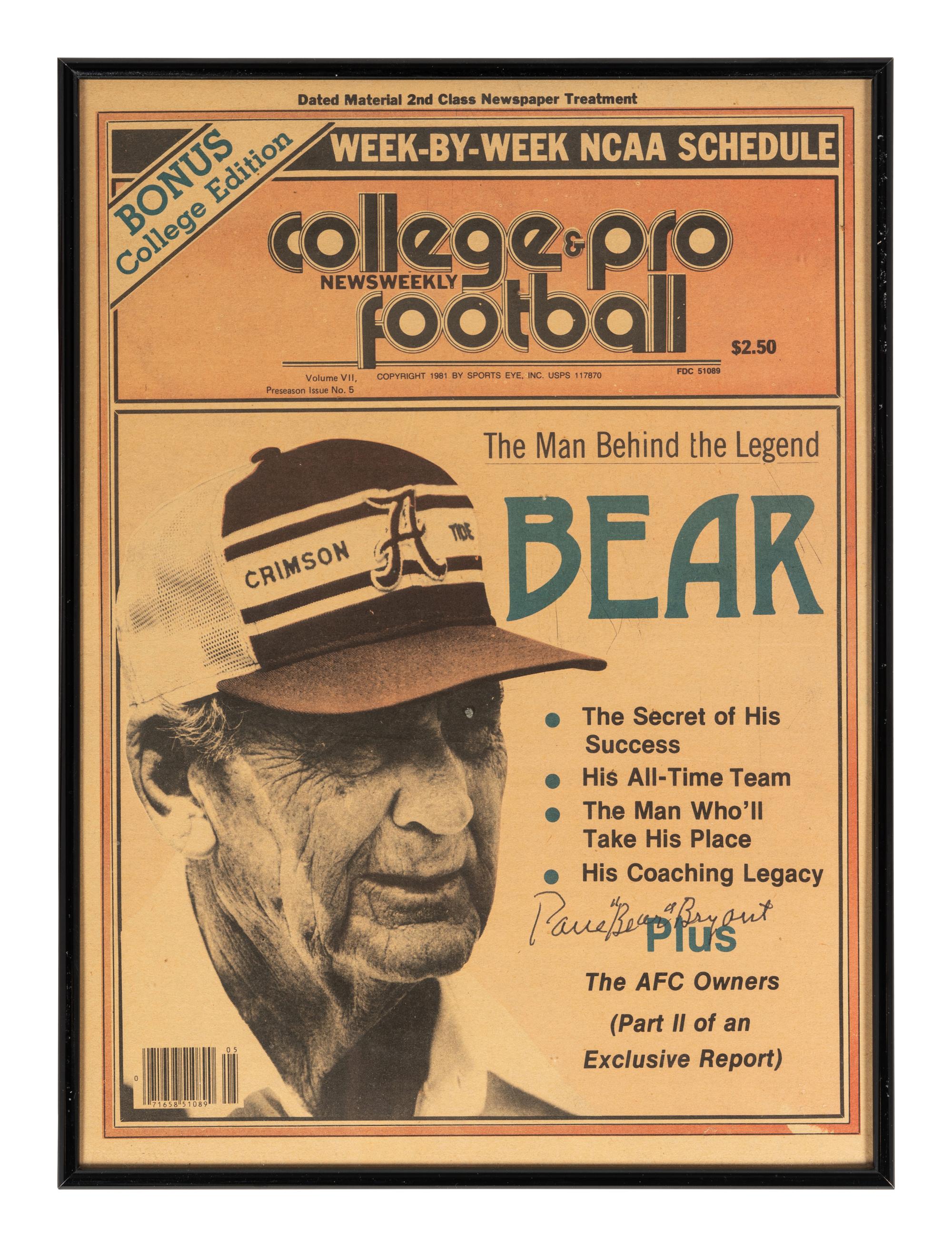 A Group of University of Alabama Football Signed Autographs Including Paul Bear Bryant (Beckett Authentication Services BAS Certified),