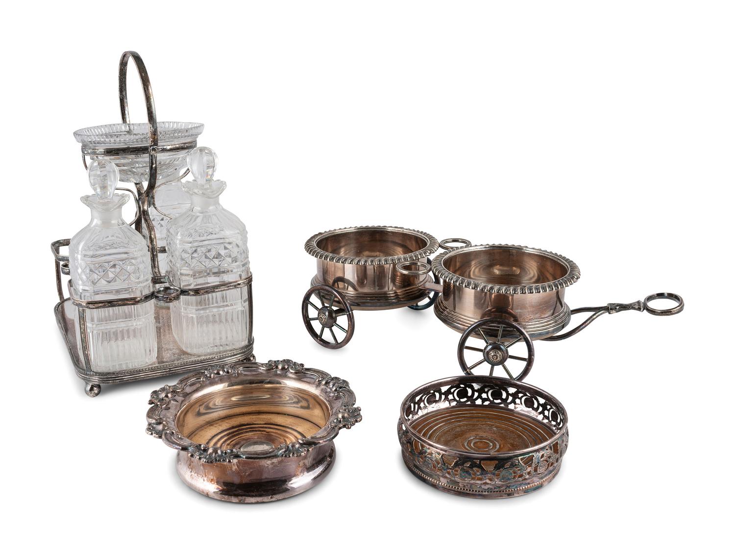 An English Silverplate Wine Trolley, Decanter Caddy, and Two Coasters