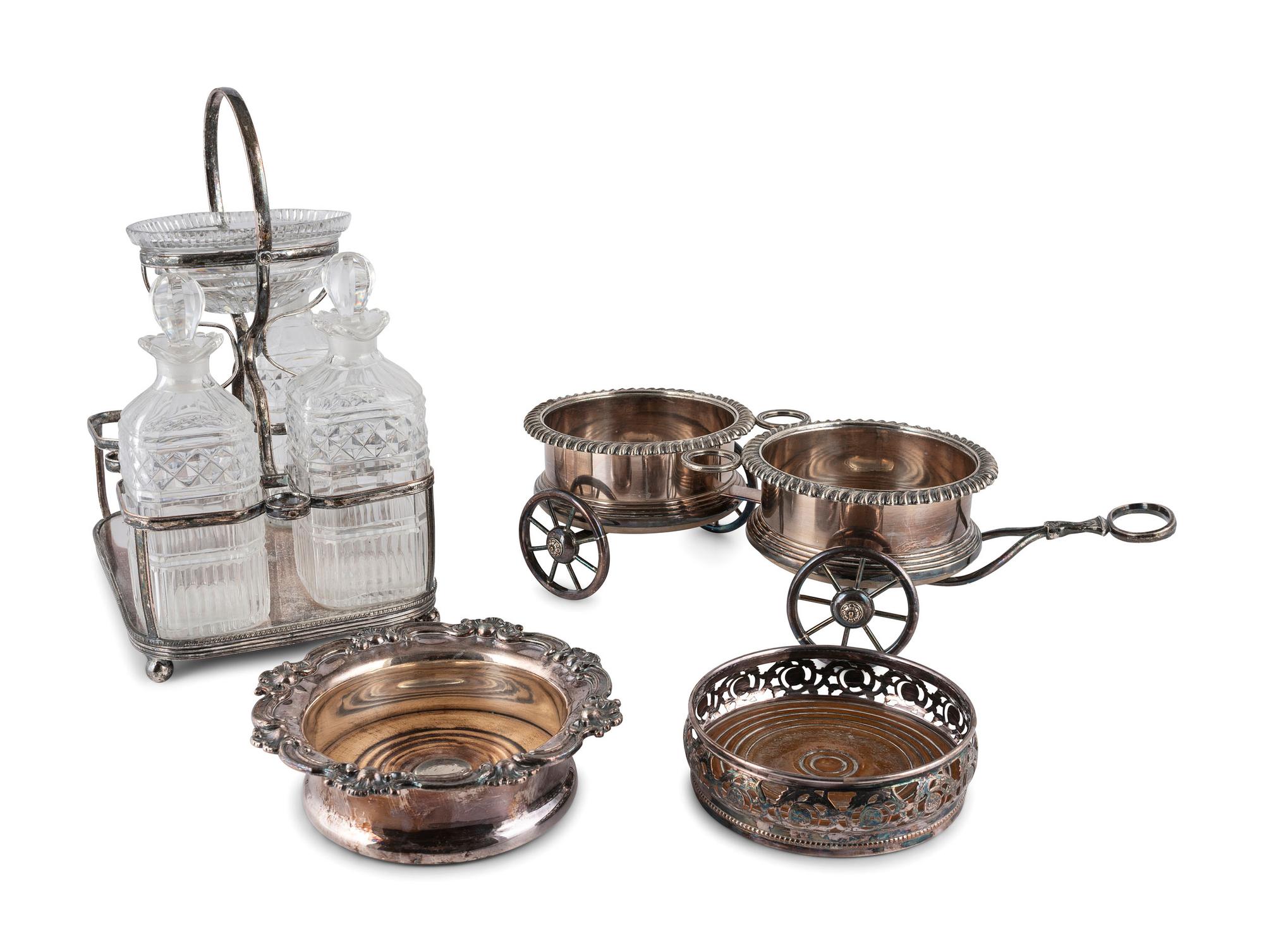 An English Silverplate Wine Trolley, Decanter Caddy, and Two Coasters