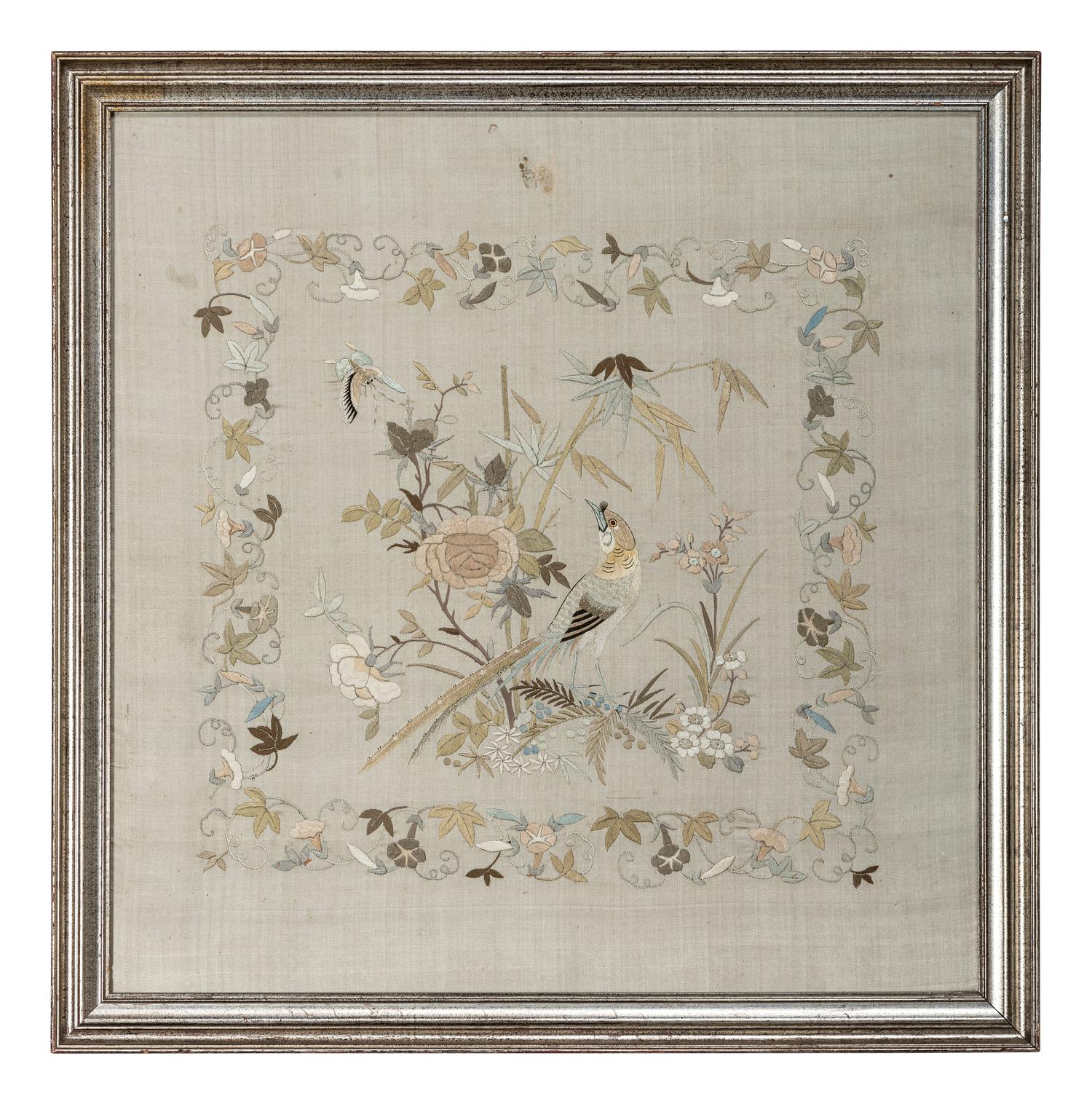 A Needlework Embroidered Picture of a Bird and Butterfly