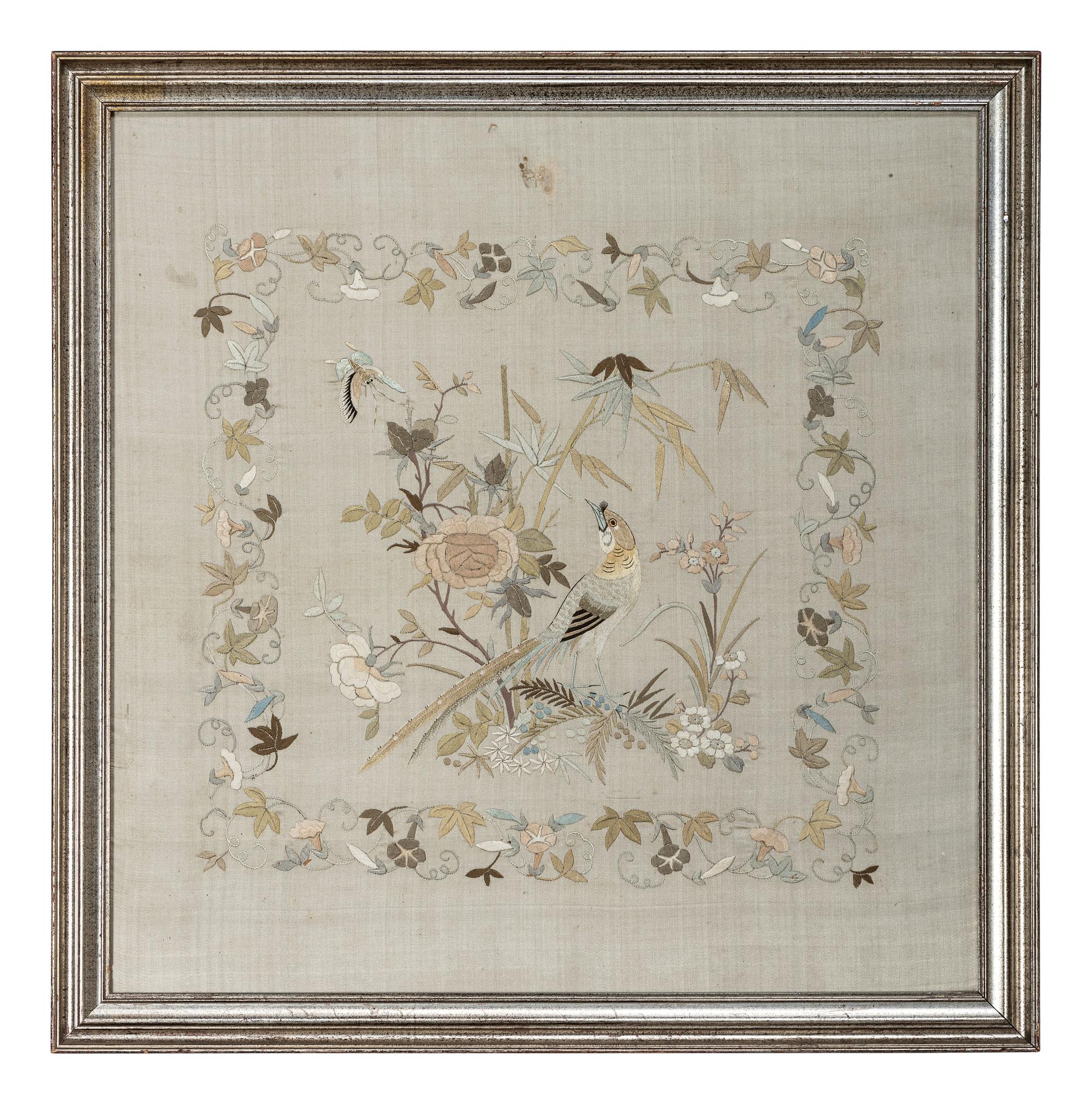 A Needlework Embroidered Picture of a Bird and Butterfly